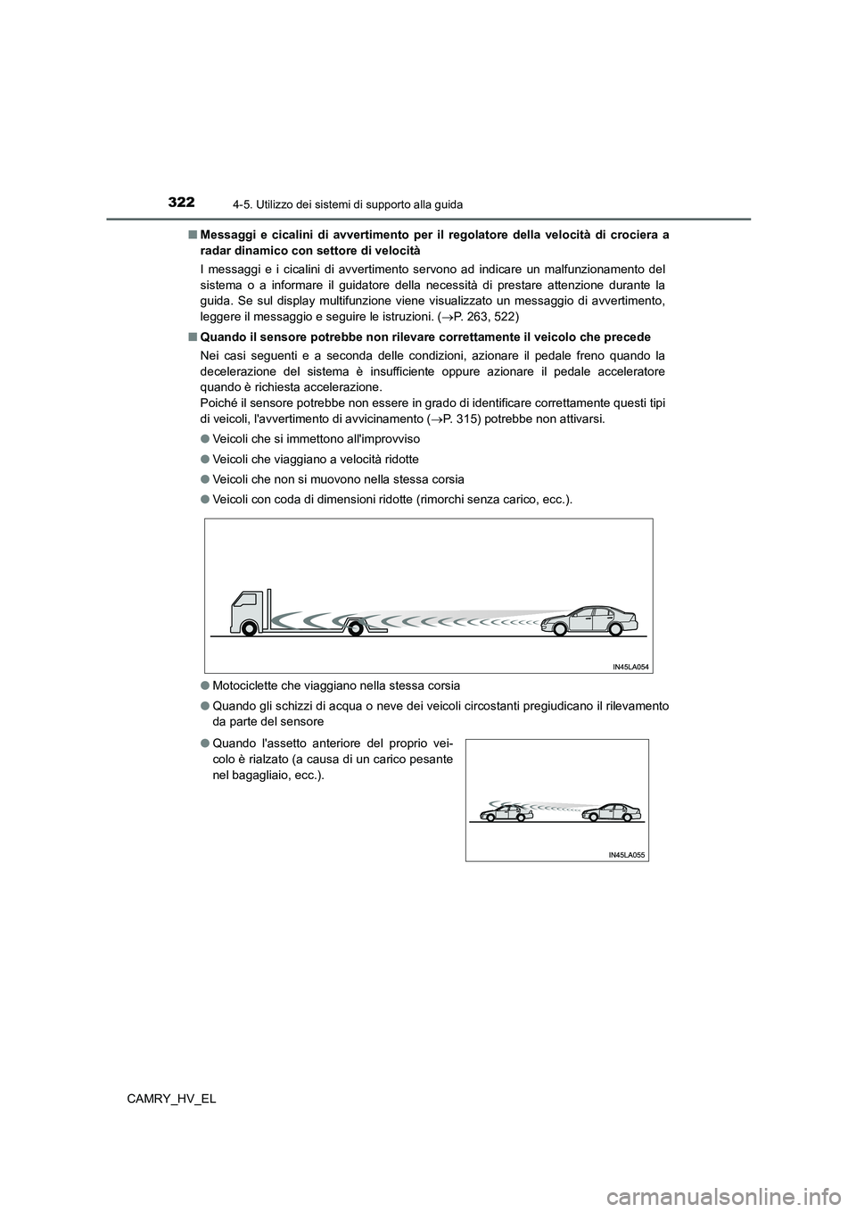 TOYOTA CAMRY 2022 Manuale duso (in Italian) 3224-5. Utilizzo dei sistemi di supporto alla guida
CAMRY_HV_EL■Messaggi e cicalini di avvertimento per il regolatore della velocità di crociera a
radar dinamico con settore di velocità
I messaggi TOYOTA CAMRY 2022 Manuale duso (in Italian) 3224-5. Utilizzo dei sistemi di supporto alla guida
CAMRY_HV_EL■Messaggi e cicalini di avvertimento per il regolatore della velocità di crociera a
radar dinamico con settore di velocità
I messaggi