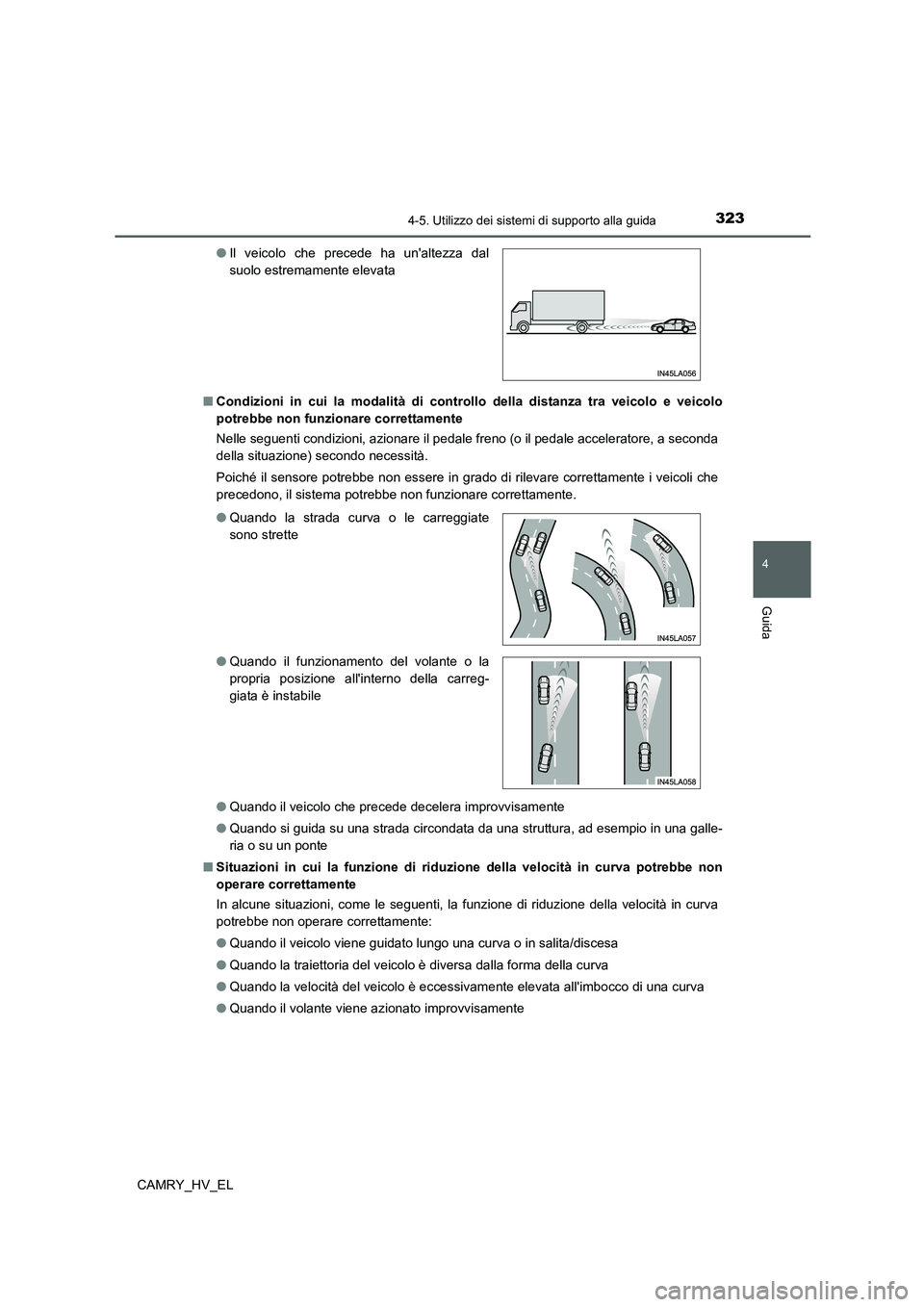 TOYOTA CAMRY 2022 Manuale duso (in Italian) 3234-5. Utilizzo dei sistemi di supporto alla guida
4
Guida
CAMRY_HV_EL■Condizioni in cui la modalità di controllo della distanza tra veicolo e veicolo
potrebbe non funzionare correttamente
Nelle s TOYOTA CAMRY 2022 Manuale duso (in Italian) 3234-5. Utilizzo dei sistemi di supporto alla guida
4
Guida
CAMRY_HV_EL■Condizioni in cui la modalità di controllo della distanza tra veicolo e veicolo
potrebbe non funzionare correttamente
Nelle s