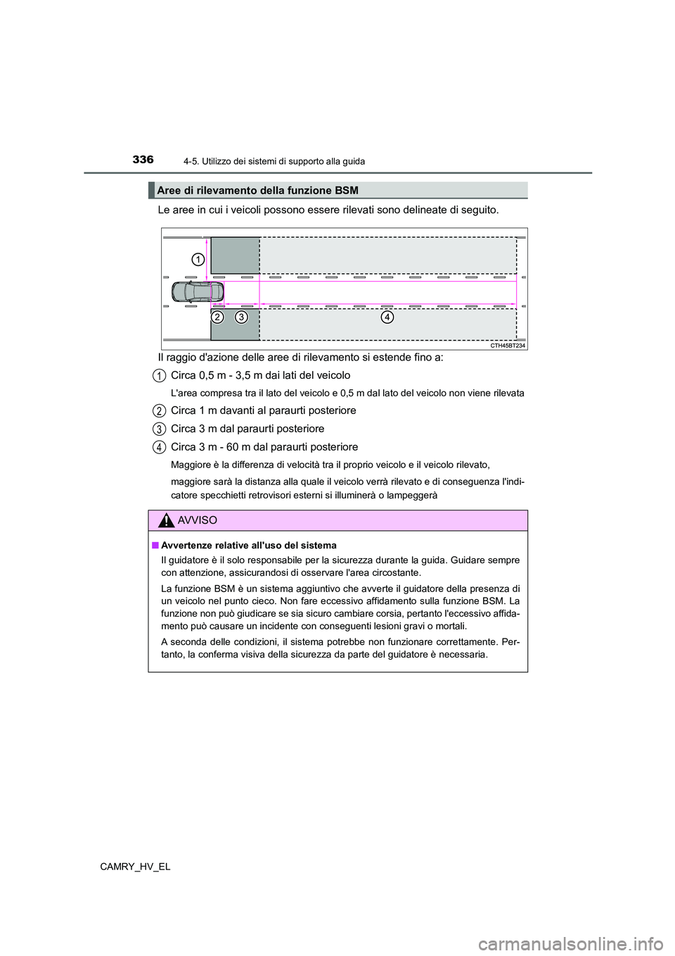 TOYOTA CAMRY 2022 Manuale duso (in Italian) 3364-5. Utilizzo dei sistemi di supporto alla guida
CAMRY_HV_EL
Le aree in cui i veicoli possono essere rilevati sono delineate di seguito.
Il raggio dazione delle aree di rilevamento si estende fino TOYOTA CAMRY 2022 Manuale duso (in Italian) 3364-5. Utilizzo dei sistemi di supporto alla guida
CAMRY_HV_EL
Le aree in cui i veicoli possono essere rilevati sono delineate di seguito.
Il raggio dazione delle aree di rilevamento si estende fino