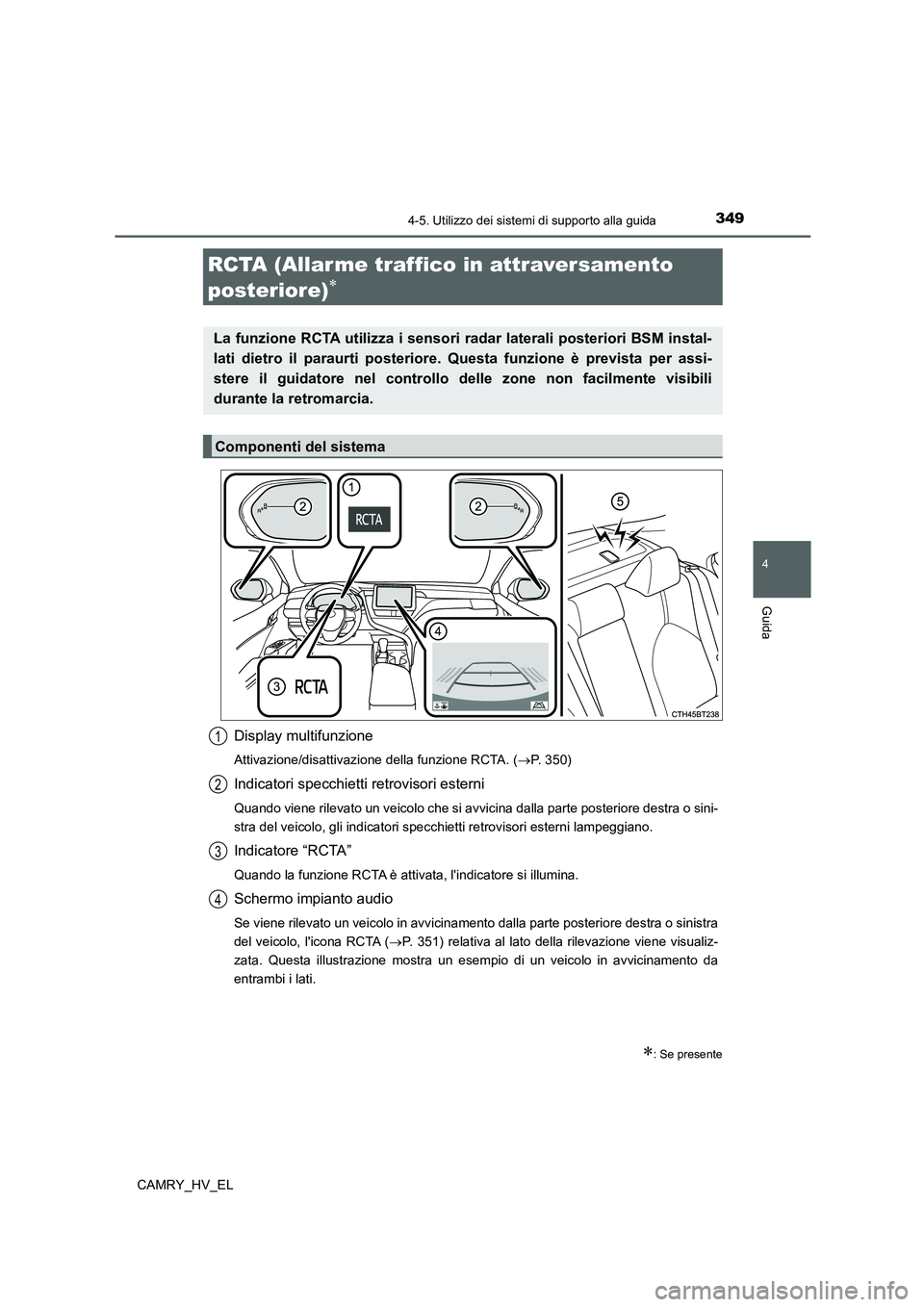 TOYOTA CAMRY 2022 Manuale duso (in Italian) 3494-5. Utilizzo dei sistemi di supporto alla guida
4
Guida
CAMRY_HV_EL
Display multifunzione
Attivazione/disattivazione della funzione RCTA. (P. 350)
Indicatori specchietti retrovisori esterni
Qua TOYOTA CAMRY 2022 Manuale duso (in Italian) 3494-5. Utilizzo dei sistemi di supporto alla guida
4
Guida
CAMRY_HV_EL
Display multifunzione
Attivazione/disattivazione della funzione RCTA. (P. 350)
Indicatori specchietti retrovisori esterni
Qua