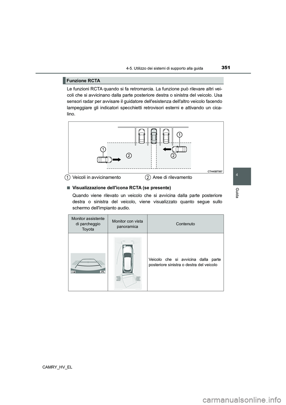 TOYOTA CAMRY 2022  Manuale duso (in Italian) 3514-5. Utilizzo dei sistemi di supporto alla guida
4
Guida
CAMRY_HV_EL
Le funzioni RCTA quando si fa retromarcia. La funzione può rilevare altri vei-
coli che si avvicinano dalla parte posteriore de