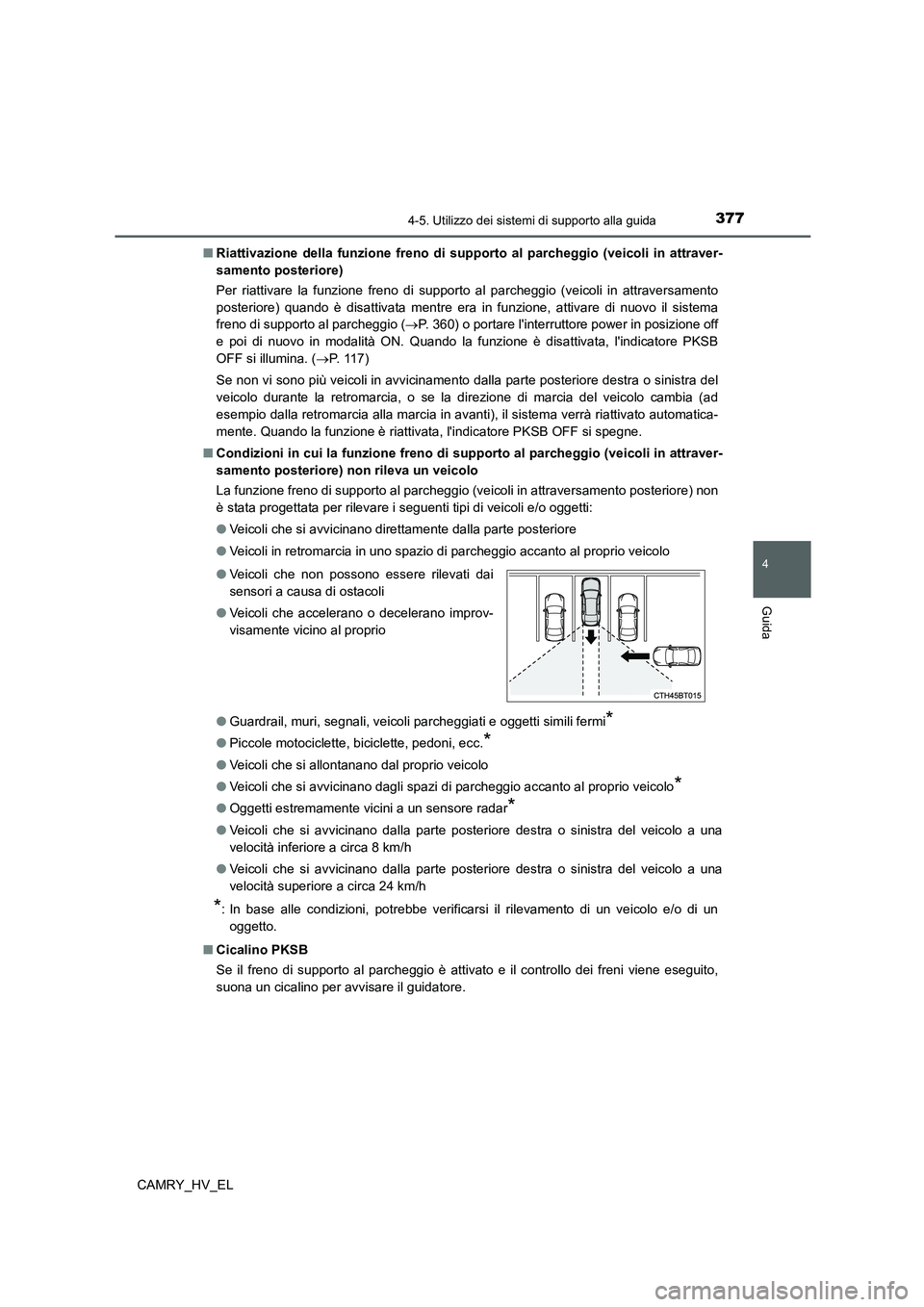 TOYOTA CAMRY 2022 Manuale duso (in Italian) 3774-5. Utilizzo dei sistemi di supporto alla guida
4
Guida
CAMRY_HV_EL■Riattivazione della funzione freno di supporto al parcheggio (veicoli in attraver-
samento posteriore)
Per riattivare la funzi TOYOTA CAMRY 2022 Manuale duso (in Italian) 3774-5. Utilizzo dei sistemi di supporto alla guida
4
Guida
CAMRY_HV_EL■Riattivazione della funzione freno di supporto al parcheggio (veicoli in attraver-
samento posteriore)
Per riattivare la funzi