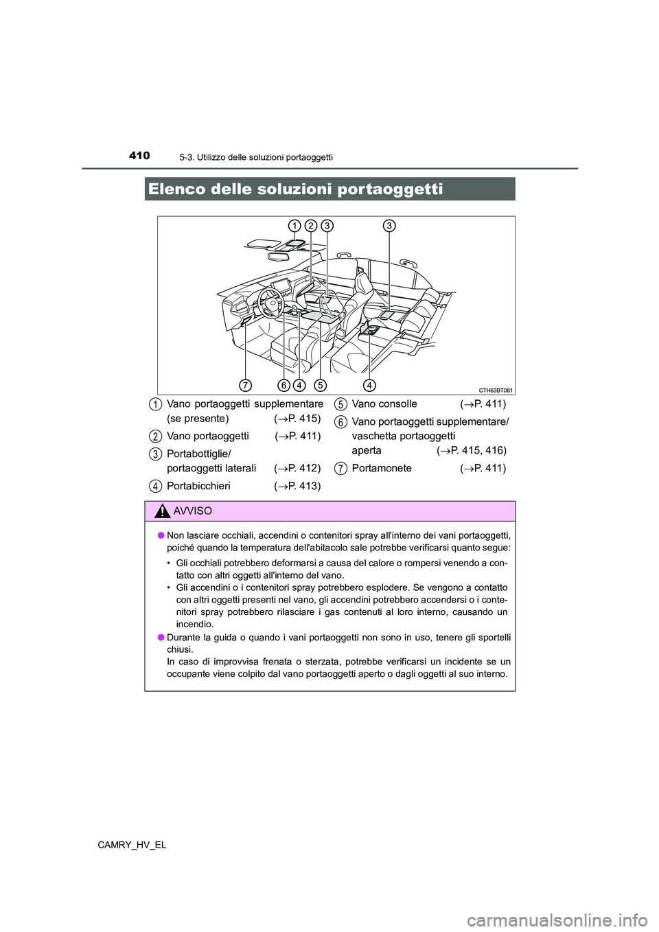 TOYOTA CAMRY 2022 Manuale duso (in Italian) 410
CAMRY_HV_EL
5-3. Utilizzo delle soluzioni portaoggetti
Elenco delle soluzioni por taoggetti
Vano portaoggetti supplementare
(se presente) (P. 415)
Vano portaoggetti (P. 411)
Portabottiglie/
TOYOTA CAMRY 2022 Manuale duso (in Italian) 410
CAMRY_HV_EL
5-3. Utilizzo delle soluzioni portaoggetti
Elenco delle soluzioni por taoggetti
Vano portaoggetti supplementare
(se presente) (P. 415)
Vano portaoggetti (P. 411)
Portabottiglie/
