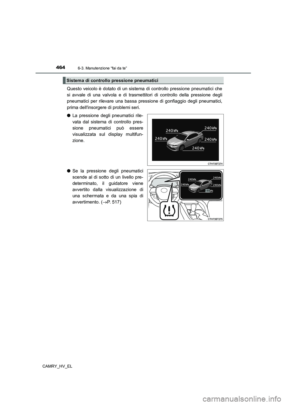 TOYOTA CAMRY 2022  Manuale duso (in Italian) 4646-3. Manutenzione “fai da te”
CAMRY_HV_EL
Questo veicolo è dotato di un sistema di controllo pressione pneumatici che
si avvale di una valvola e di trasmettitori di controllo della pressione d