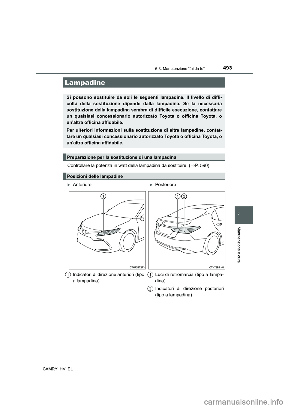 TOYOTA CAMRY 2022  Manuale duso (in Italian) 4936-3. Manutenzione “fai da te”
6
Manutenzione e cura
CAMRY_HV_EL
Controllare la potenza in watt della lampadina da sostituire. (P. 590)
Lampadine
Si possono sostituire da soli le seguenti lam