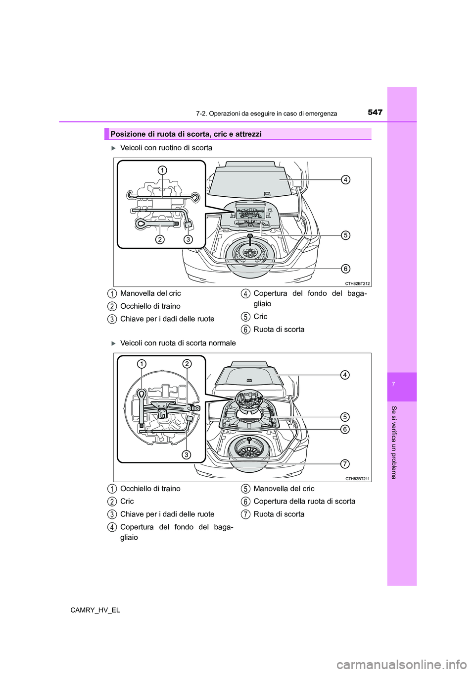 TOYOTA CAMRY 2022  Manuale duso (in Italian) 5477-2. Operazioni da eseguire in caso di emergenza
7
Se si verifica un problema
CAMRY_HV_EL
Veicoli con ruotino di scorta
Veicoli con ruota di scorta normale
Posizione di ruota di scorta, cric 