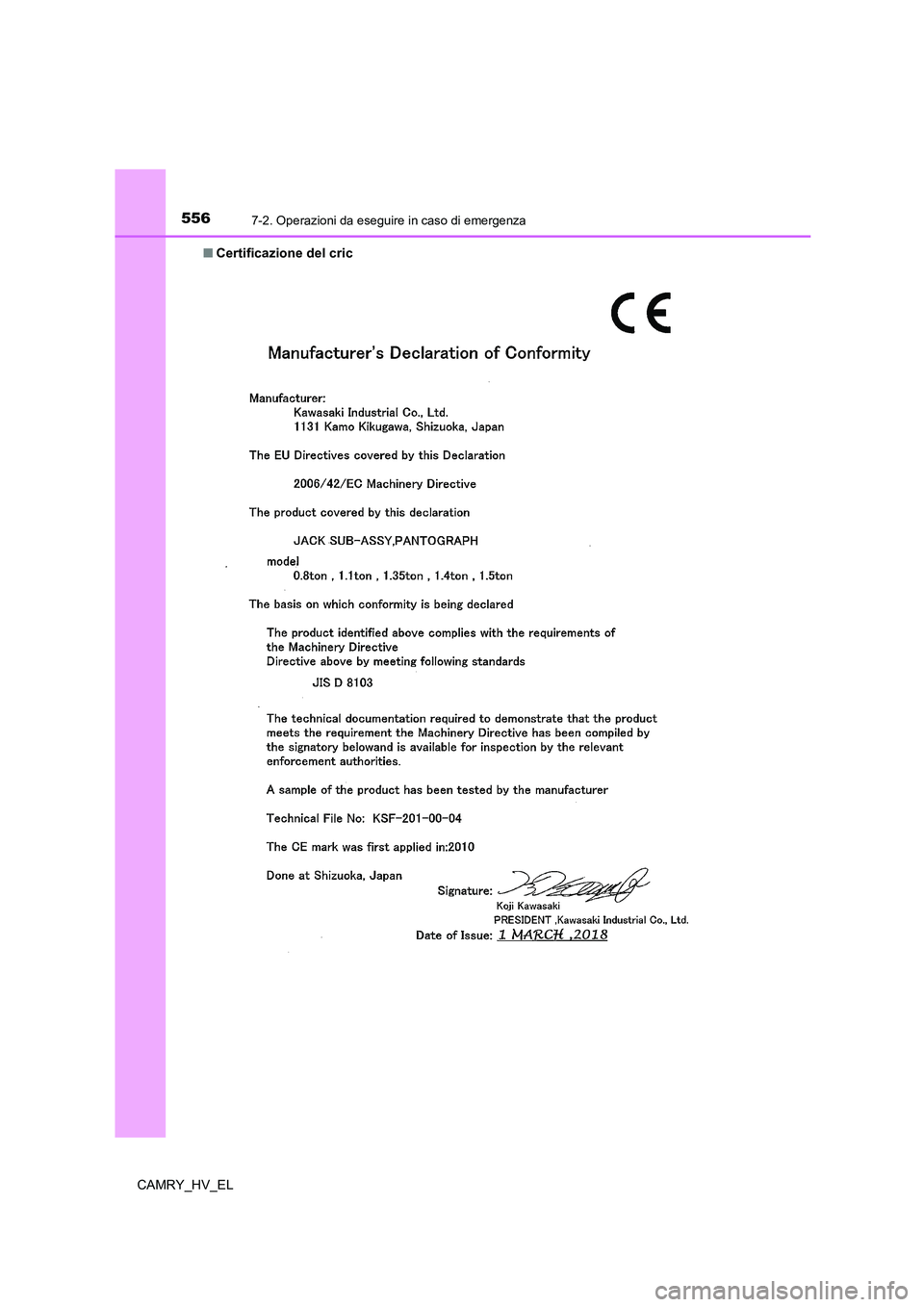 TOYOTA CAMRY 2022  Manuale duso (in Italian) 5567-2. Operazioni da eseguire in caso di emergenza
CAMRY_HV_EL■Certificazione del cric 