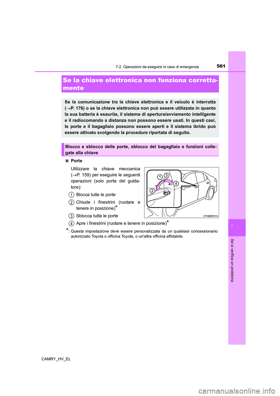 TOYOTA CAMRY 2022 Manuale duso (in Italian) 5617-2. Operazioni da eseguire in caso di emergenza
7
Se si verifica un problema
CAMRY_HV_EL■
Porte
Utilizzare la chiave meccanica
(P. 159) per eseguire le seguenti
operazioni (solo porta del gui TOYOTA CAMRY 2022 Manuale duso (in Italian) 5617-2. Operazioni da eseguire in caso di emergenza
7
Se si verifica un problema
CAMRY_HV_EL■
Porte
Utilizzare la chiave meccanica
(P. 159) per eseguire le seguenti
operazioni (solo porta del gui