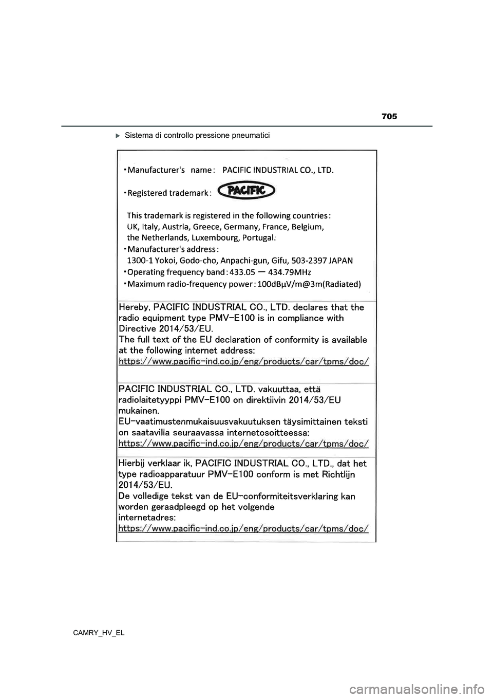 TOYOTA CAMRY 2022  Manuale duso (in Italian) 705
CAMRY_HV_EL
Sistema di controllo pressione pneumatici 