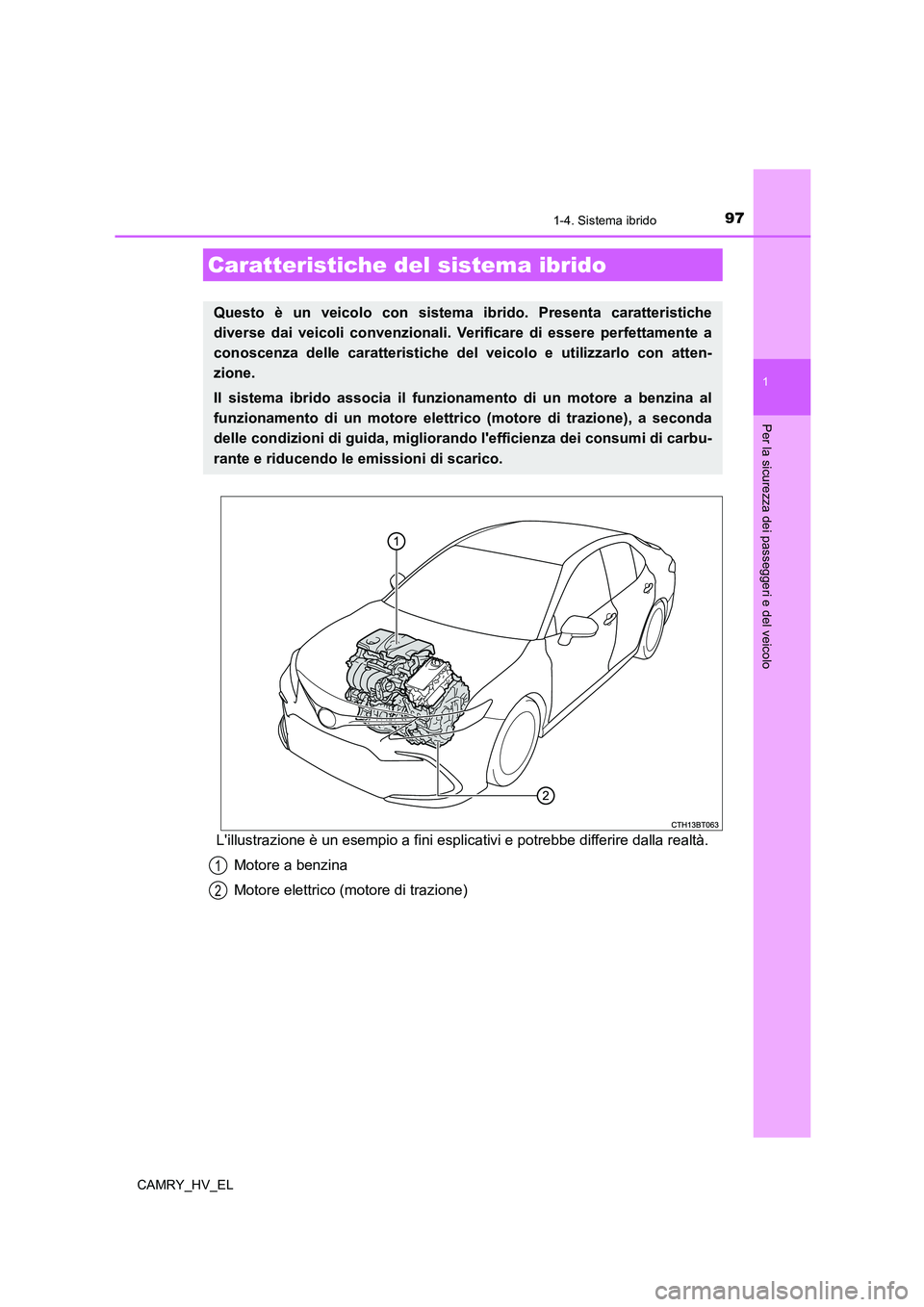 TOYOTA CAMRY 2022  Manuale duso (in Italian) 97
1
Per la sicurezza dei passeggeri e del veicolo
CAMRY_HV_EL
1-4. Sistema ibrido
Lillustrazione è un esempio a fini esplicativi e potrebbe differire dalla realtà.
Motore a benzina
Motore elettric