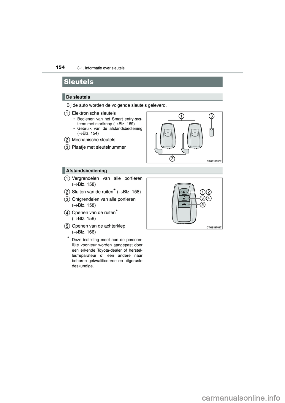 TOYOTA CAMRY 2022  Instructieboekje (in Dutch) 154
CAMRY_HV_EE
3-1. Informatie over sleutels
Bij de auto worden de volgende sleutels geleverd.Elektronische sleutels
• Bedienen van het Smart entry-sys-teem met startknop ( Blz. 169)
• Gebruik