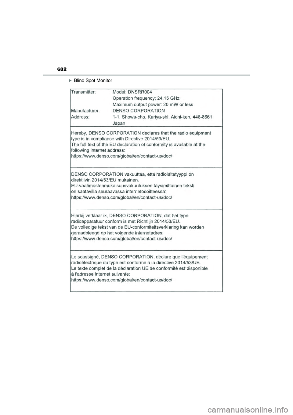 TOYOTA CAMRY 2022  Instructieboekje (in Dutch) 682
CAMRY_HV_EE
Blind Spot Monitor
CAMRY_HV_OM_Europe_OM33F05E.book  Page 682  Wednesday, January 20, 2021  6:09 PM 