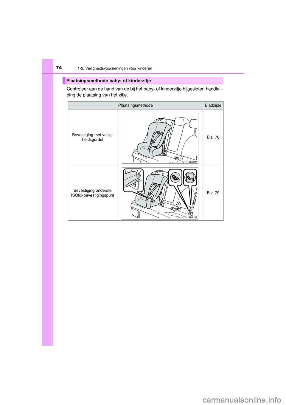 TOYOTA CAMRY 2022  Instructieboekje (in Dutch) 741-2. Veiligheidsvoorzieningen voor kinderen
CAMRY_HV_EE
Controleer aan de hand van de bij het baby- of kinderzitje bijgesloten handlei-
ding de plaatsing van het zitje.
Plaatsingsmethode baby- of ki