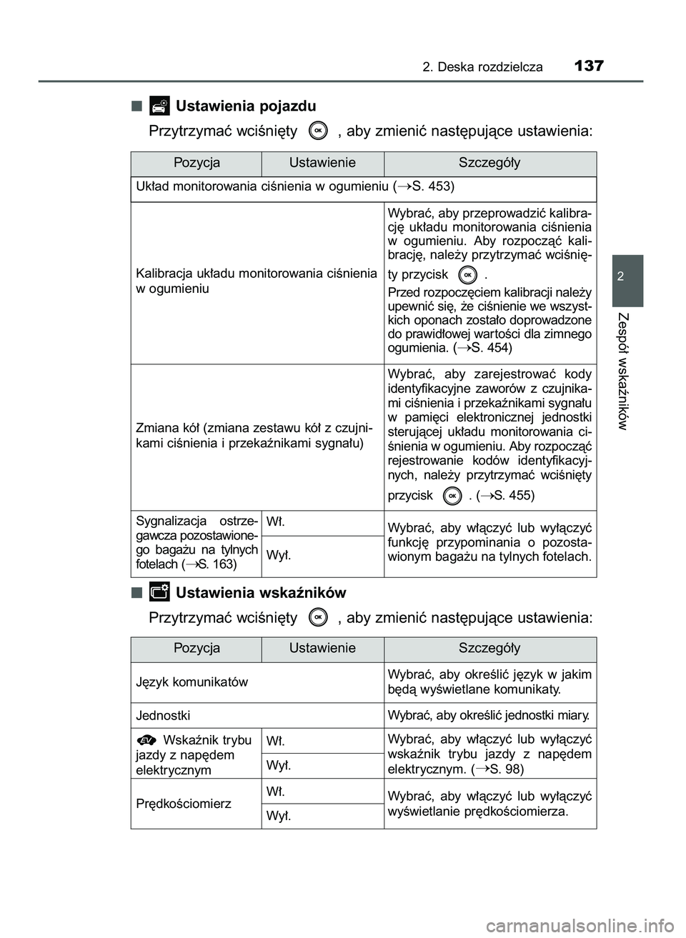 TOYOTA CAMRY 2022 Instrukcja obsługi (in Polish) Ustawienia pojazdu
Przytrzymaç wciÊni´ty , aby zmieniç nast´pujàce ustawienia:
Ustawienia wskaêników
Przytrzymaç wciÊni´ty , aby zmieniç nast´pujàce ustawienia:
2. Deska rozdzielcza137 TOYOTA CAMRY 2022 Instrukcja obsługi (in Polish) Ustawienia pojazdu
Przytrzymaç wciÊni´ty , aby zmieniç nast´pujàce ustawienia:
Ustawienia wskaêników
Przytrzymaç wciÊni´ty , aby zmieniç nast´pujàce ustawienia:
2. Deska rozdzielcza137