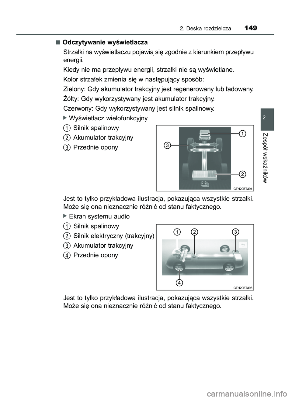 TOYOTA CAMRY 2022  Instrukcja obsługi (in Polish) Odczytywanie wyÊwietlacza
Strza∏ki na wyÊwietlaczu pojawià si´ zgodnie z kierunkiem przep∏ywu
energii.
Kiedy nie ma przep∏ywu energii, strza∏ki nie sà wyÊwietlane.
Kolor strza∏ek zmien
