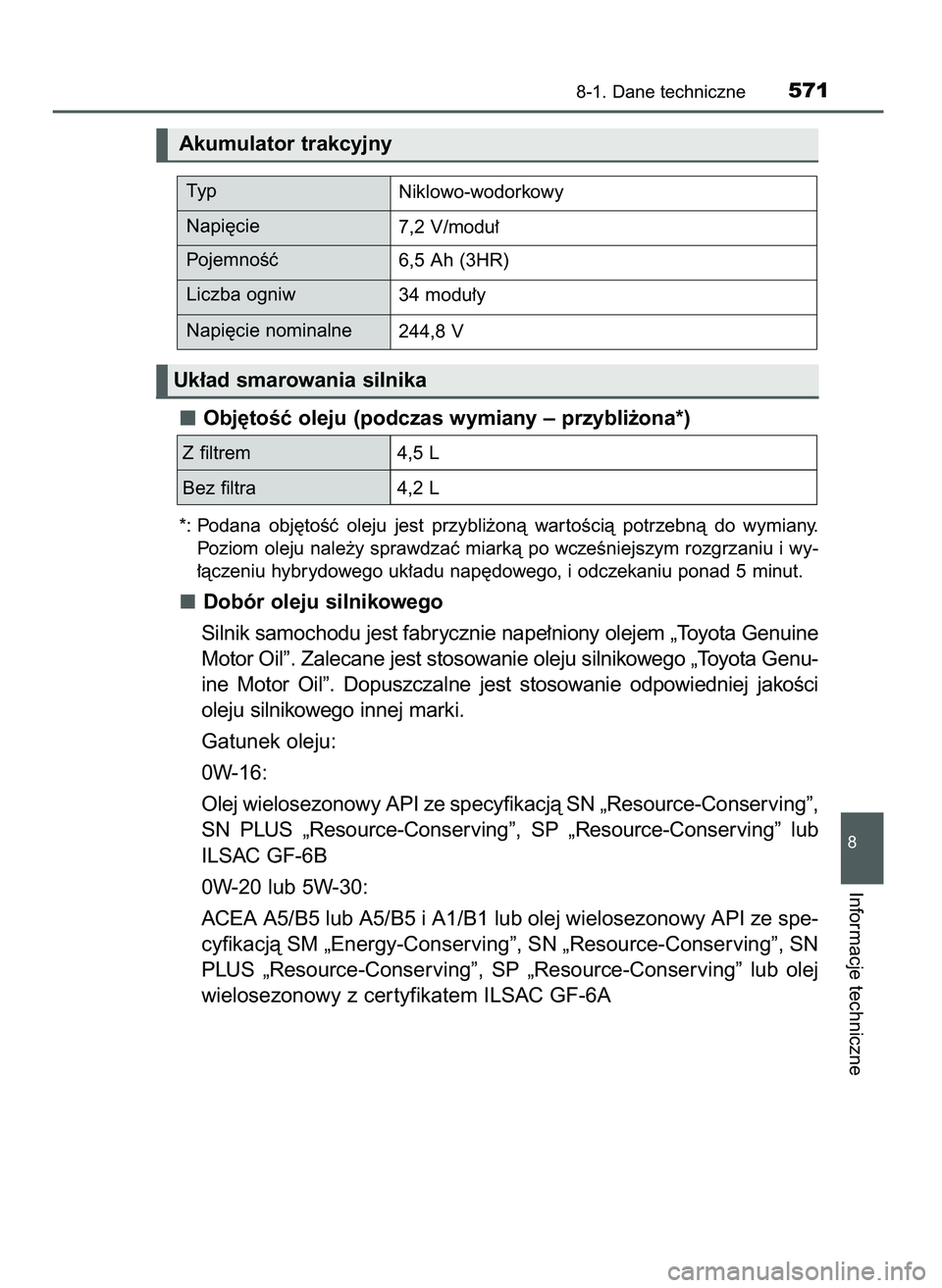 TOYOTA CAMRY 2022 Instrukcja obsługi (in Polish) Obj´toÊç oleju (podczas wymiany – przybli˝ona*)
*: Podana obj´toÊç oleju jest przybli˝onà war toÊcià potrzebnà do wymiany.
Poziom oleju nale˝y sprawdzaç miarkà po wczeÊniejsz TOYOTA CAMRY 2022 Instrukcja obsługi (in Polish) Obj´toÊç oleju (podczas wymiany – przybli˝ona*)
*: Podana obj´toÊç oleju jest przybli˝onà war toÊcià potrzebnà do wymiany.
Poziom oleju nale˝y sprawdzaç miarkà po wczeÊniejsz