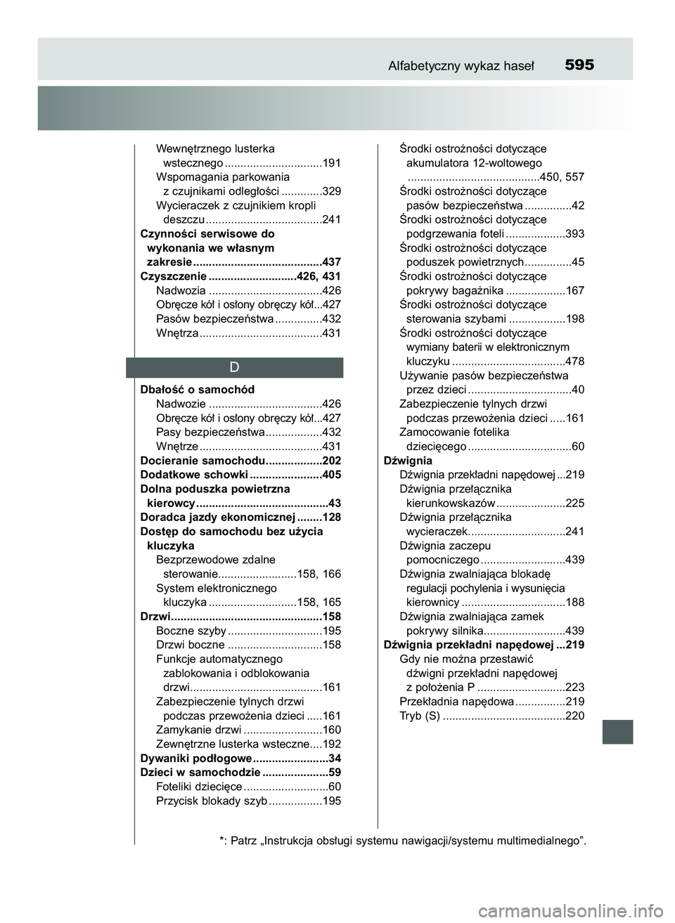 TOYOTA CAMRY 2022 Instrukcja obsługi (in Polish) Alfabetyczny wykaz hase∏595
Wewn´trznego lusterka
wstecznego ...............................191
Wspomagania parkowania
z czujnikami odleg∏oÊci .............329
Wycieraczek z czujnikiem kropli TOYOTA CAMRY 2022 Instrukcja obsługi (in Polish) Alfabetyczny wykaz hase∏595
Wewn´trznego lusterka
wstecznego ...............................191
Wspomagania parkowania
z czujnikami odleg∏oÊci .............329
Wycieraczek z czujnikiem kropli