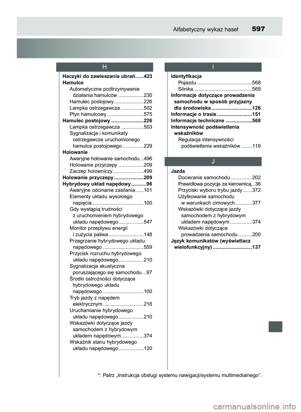 TOYOTA CAMRY 2022 Instrukcja obsługi (in Polish) Alfabetyczny wykaz hase∏597
Haczyki do zawieszania ubraƒ......423
Hamulce
Automatyczne podtrzymywanie
dzia∏ania hamulców ..................230
Hamulec postojowy .....................226
Lampka TOYOTA CAMRY 2022 Instrukcja obsługi (in Polish) Alfabetyczny wykaz hase∏597
Haczyki do zawieszania ubraƒ......423
Hamulce
Automatyczne podtrzymywanie
dzia∏ania hamulców ..................230
Hamulec postojowy .....................226
Lampka