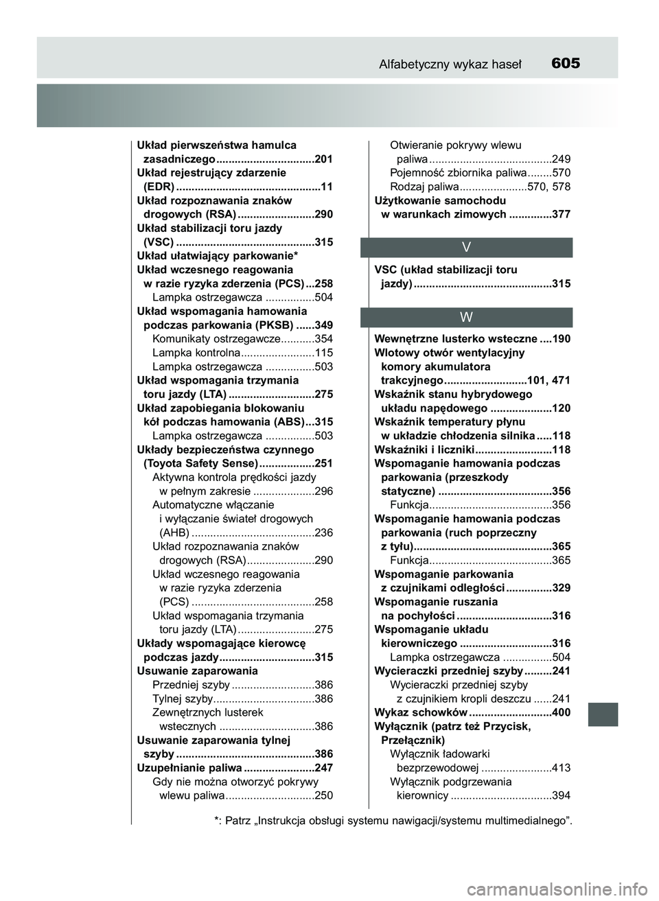 TOYOTA CAMRY 2022 Instrukcja obsługi (in Polish) Alfabetyczny wykaz hase∏605
Uk∏ad pierwszeƒstwa hamulca
zasadniczego ................................201
Uk∏ad rejestrujàcy zdarzenie
(EDR) ...............................................11
TOYOTA CAMRY 2022 Instrukcja obsługi (in Polish) Alfabetyczny wykaz hase∏605
Uk∏ad pierwszeƒstwa hamulca
zasadniczego ................................201
Uk∏ad rejestrujàcy zdarzenie
(EDR) ...............................................11