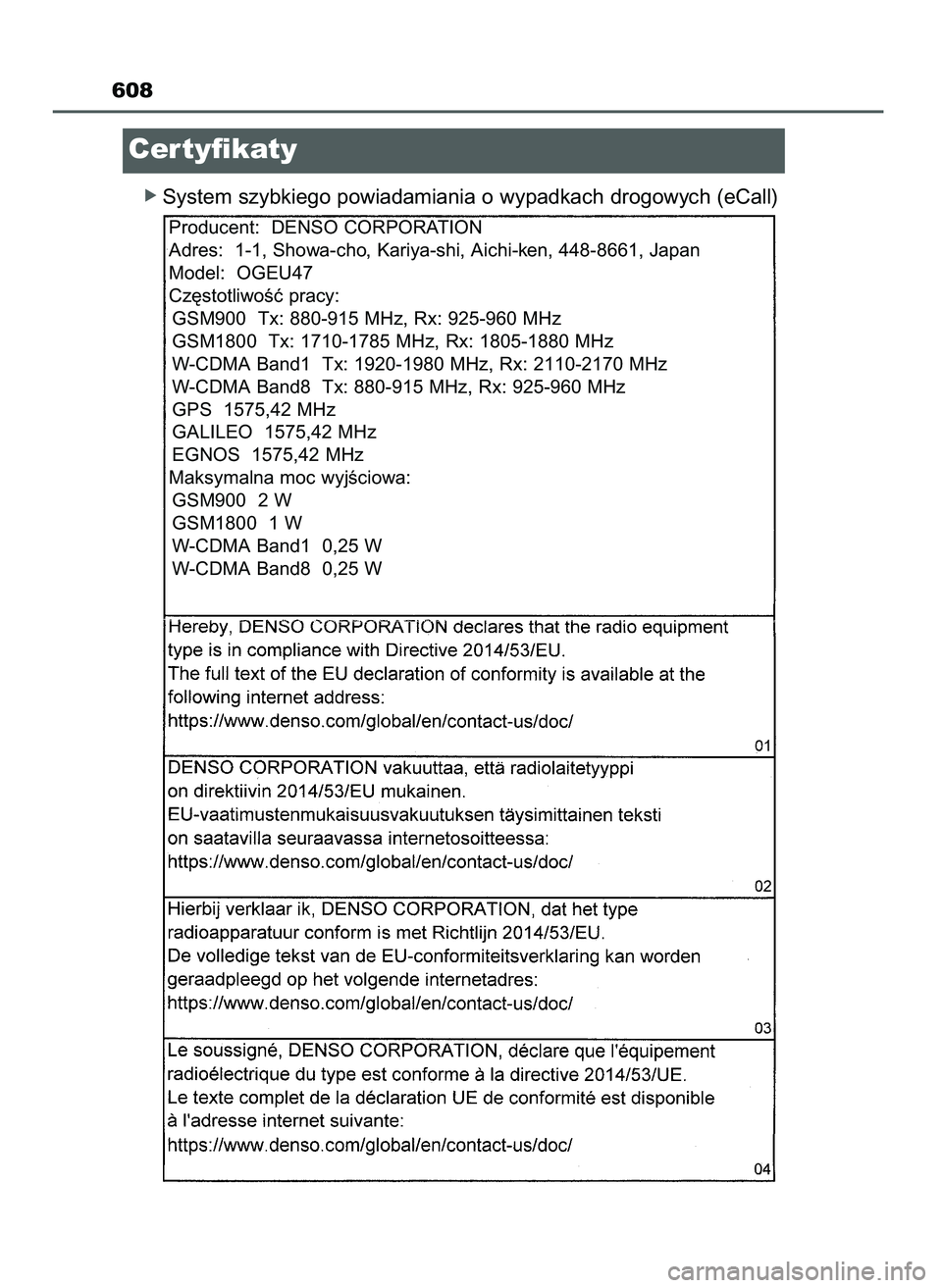 TOYOTA CAMRY 2022  Instrukcja obsługi (in Polish) ó System szybkiego powiadamiania o wypadkach drogowych (eCall)
608
Certyfikaty
Producent:  DENSO CORPORATION
Adres:  1-1, Showa-cho, Kariya-shi, Aichi-ken, 448-8661, Japan
Model:  OGEU47
Cz´stotliwo