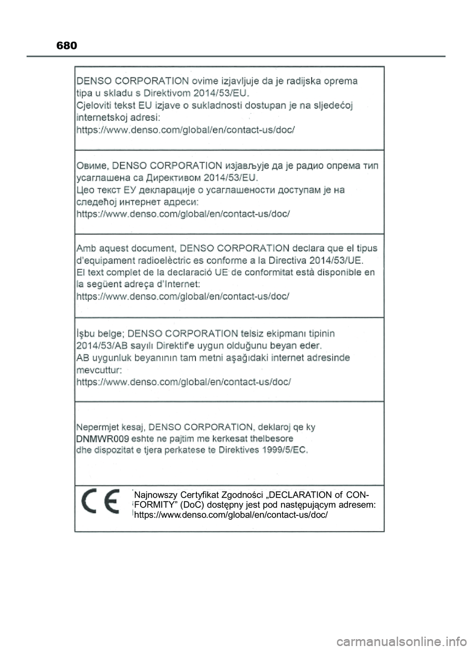 TOYOTA CAMRY 2022  Instrukcja obsługi (in Polish) 680
Najnowszy Cer tyfikat ZgodnoÊci „DECLARATION of CON-
FORMITY” (DoC) dost´pny jest pod nast´pujàcym adresem:
https://www.denso.com/global/en/contact-us/doc/
3 Camry HV OM33F05E  11/3/21  14