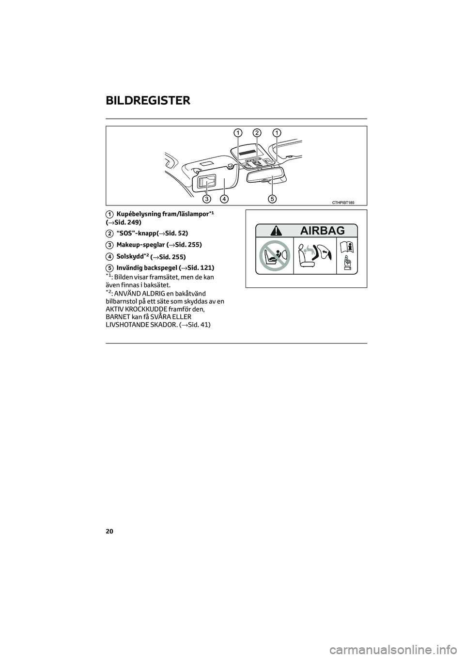 TOYOTA CAMRY 2022  Bruksanvisningar (in Swedish) 1Kupébelysning fram/läslampor*1
(→Sid. 249)
2“SOS”-knapp(→Sid. 52)
3Makeup-speglar (→Sid. 255)
4Solskydd*2(→Sid. 255)
5Invändig backspegel (→Sid. 121)*1: Bilden visar framsätet, men 