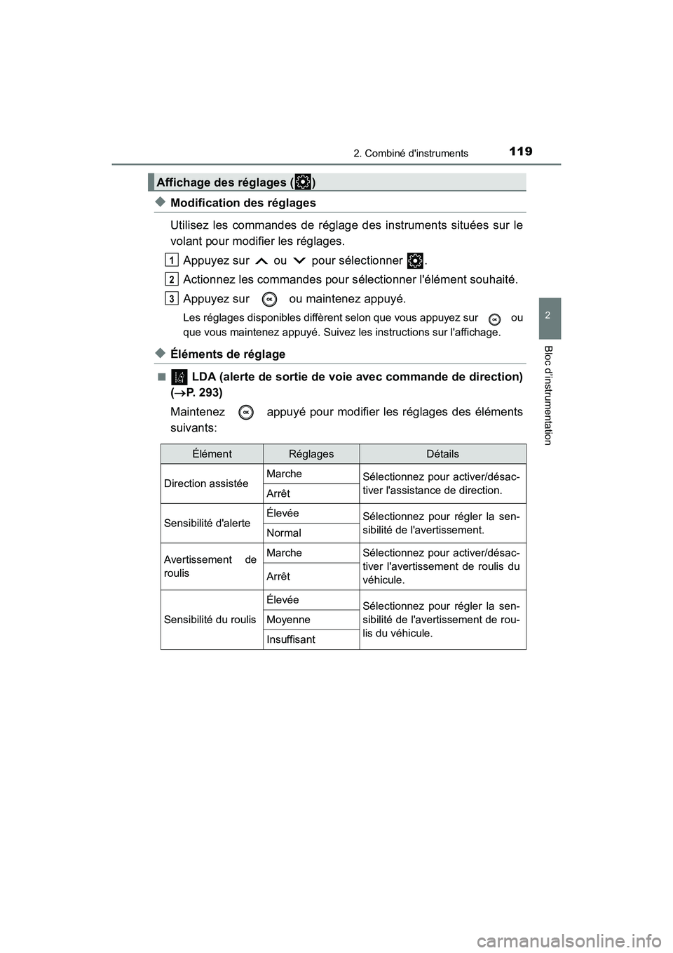 TOYOTA CAMRY 2018  Manuel du propriétaire (in French) 1192. Combiné dinstruments
2
Bloc d’instrumentation
CAMRY_D (OM33B95D)
◆Modification des réglages 
Utilisez les commandes de réglage des instruments situées sur le 
volant pour modifier les r