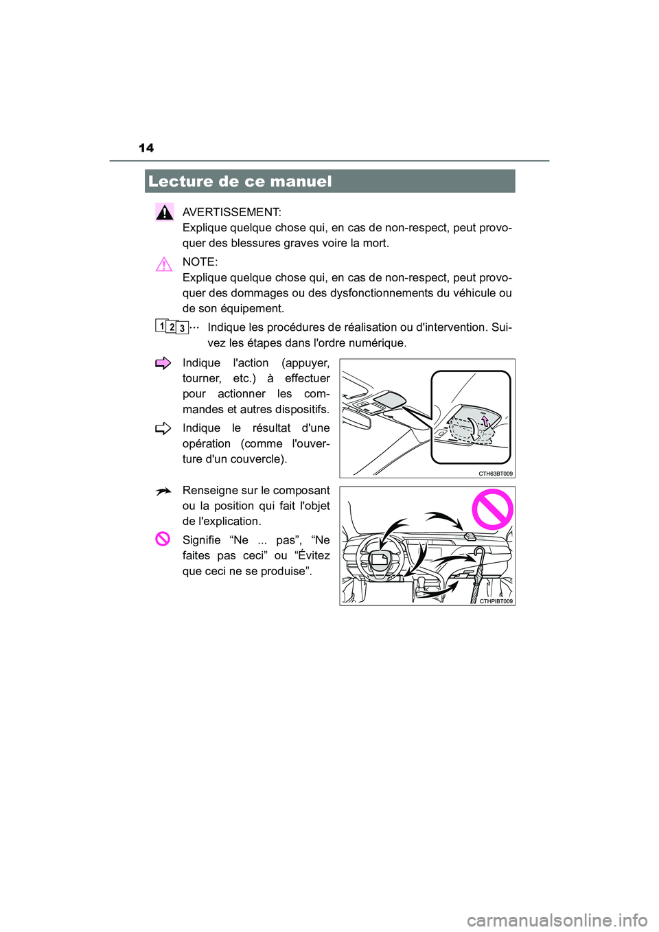 TOYOTA CAMRY 2018  Manuel du propriétaire (in French) 14
CAMRY_D (OM33B95D)
AVERTISSEMENT:  
Explique quelque chose qui, en cas de non-respect, peut provo- 
quer des blessures graves voire la mort. 
NOTE:  
Explique quelque chose qui, en cas de non-respe