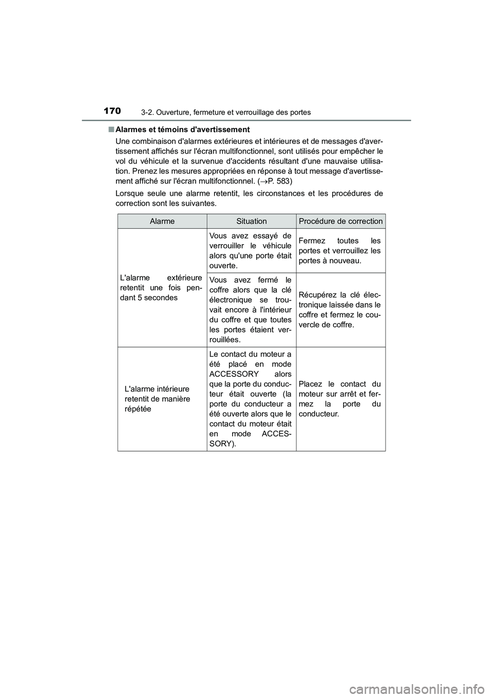 TOYOTA CAMRY 2018  Manuel du propriétaire (in French) 1703-2. Ouverture, fermeture et verrouillage des portes
CAMRY_D (OM33B95D) 
■ Alarmes et témoins davertissement 
Une combinaison dalarmes extérieures et intérieures et de messages daver- 
tiss