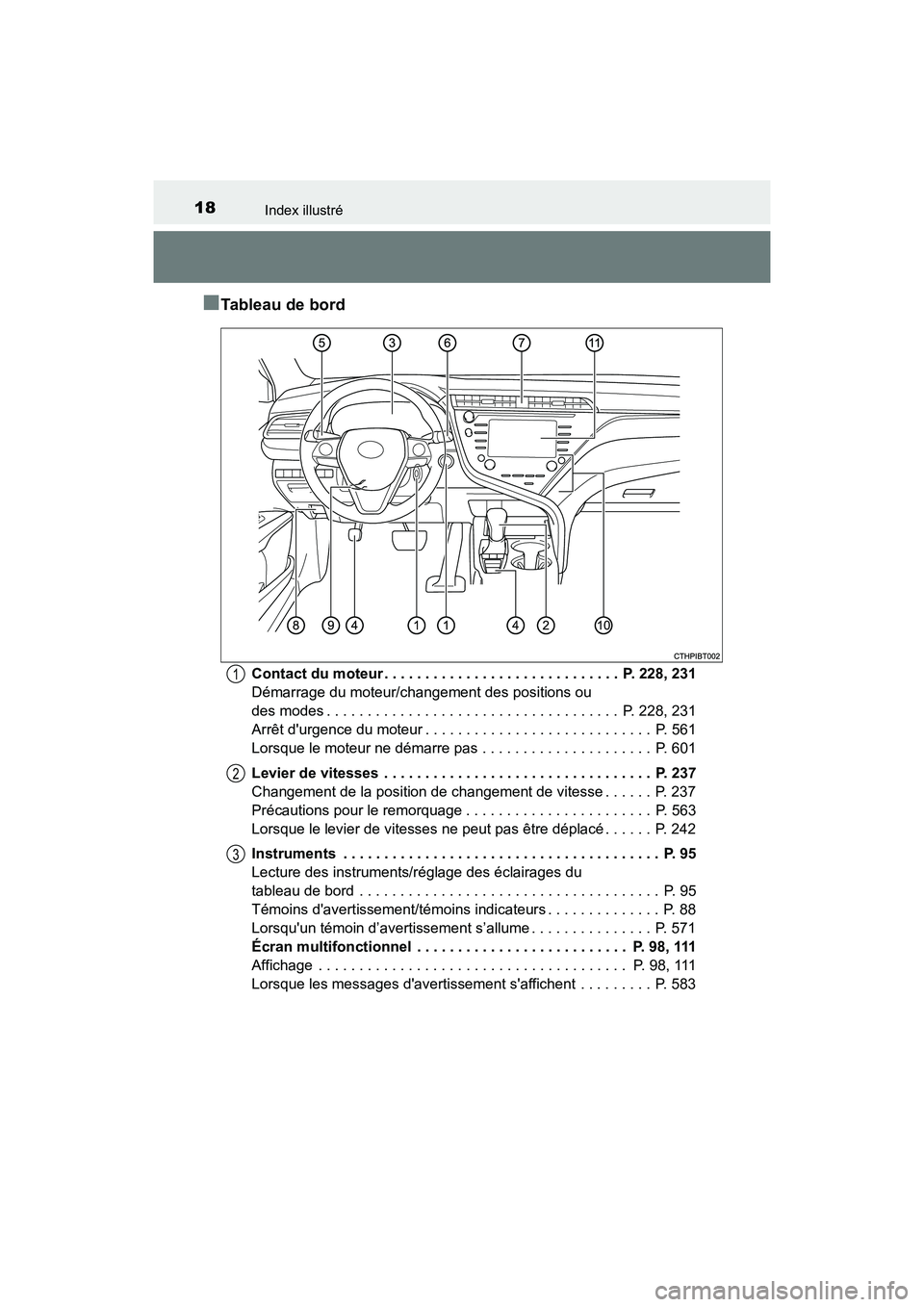 TOYOTA CAMRY 2018  Manuel du propriétaire (in French) 18Index illustré
CAMRY_D (OM33B95D)
■Tableau de bord
Contact du moteur . . . . . . . . . . . . . . . . . . . . . . . . . . . . .  P. 228, 231 
Démarrage du moteur/changement des positions ou 
des 