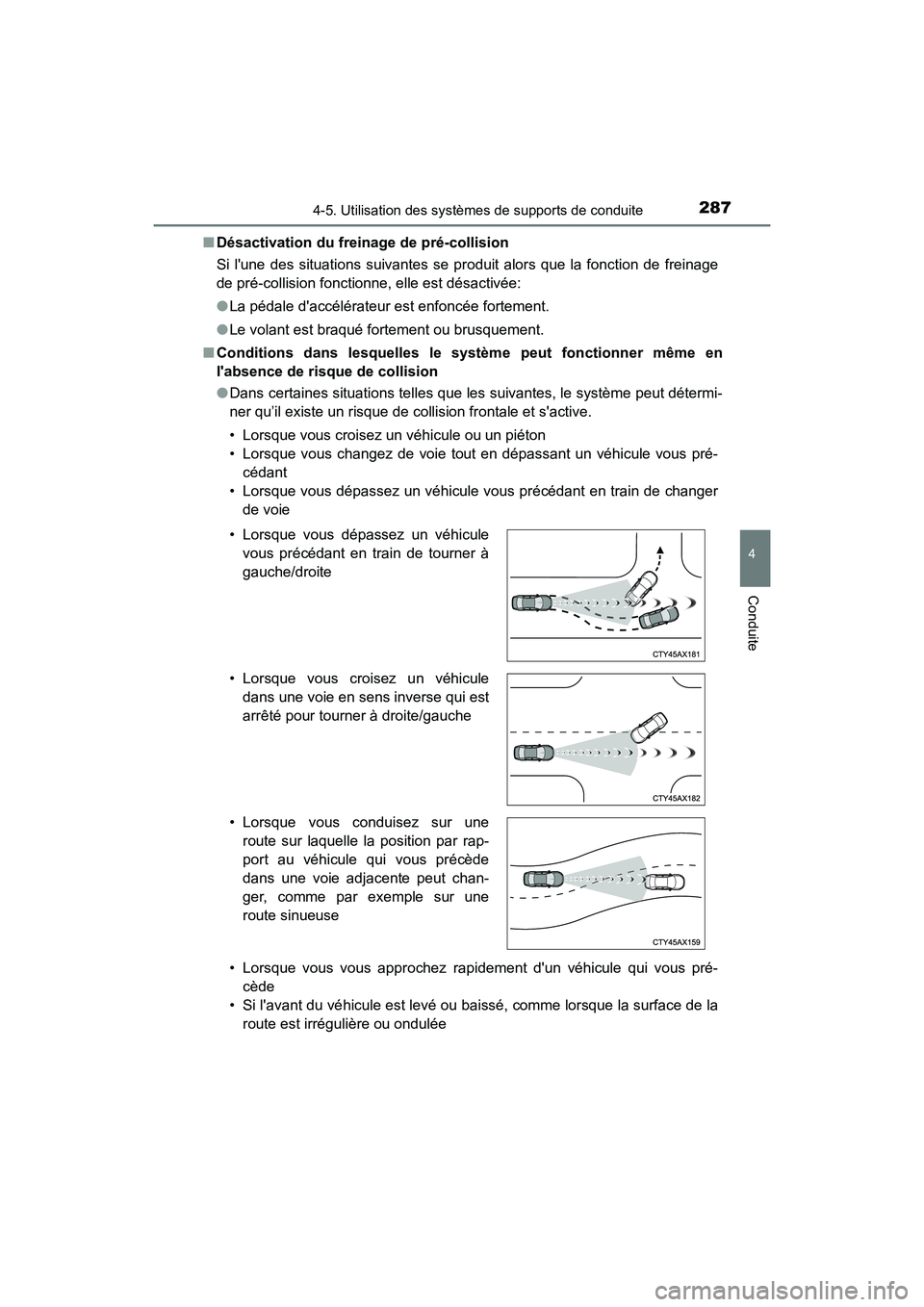 TOYOTA CAMRY 2018  Manuel du propriétaire (in French) 2874-5. Utilisation des systèmes de supports de conduite
4
Conduite
CAMRY_D (OM33B95D) 
■ Désactivation du freinage de pré-collision 
Si lune des situations suivantes se produit alors que la fon
