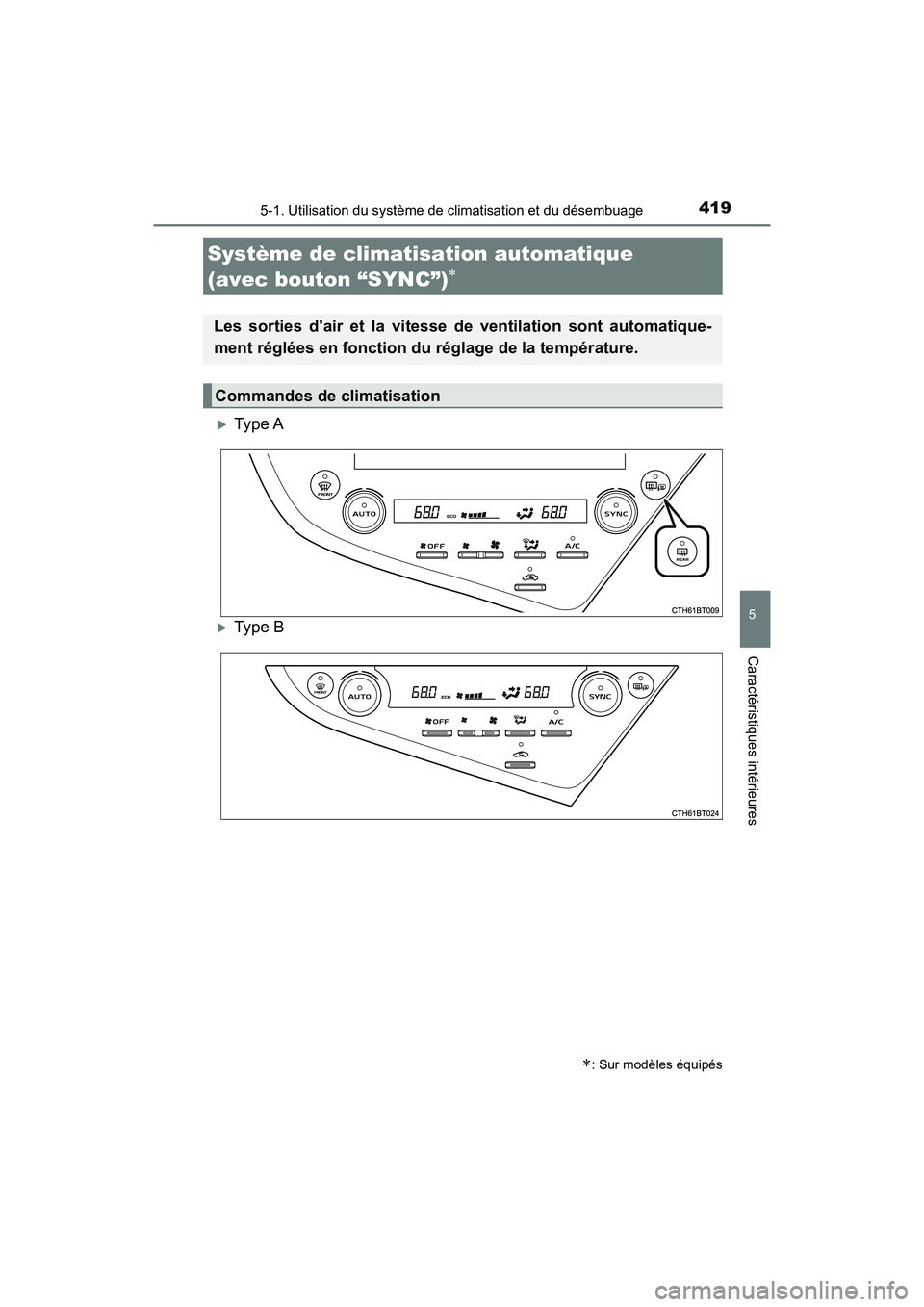 TOYOTA CAMRY 2018  Manuel du propriétaire (in French) 4195-1. Utilisation du système de climatisation et du désembuage
5
Caractéristiques intérieures
CAMRY_D (OM33B95D)
Type A
Type B
Système de climatisation automatique  
(avec bouton “SYNC