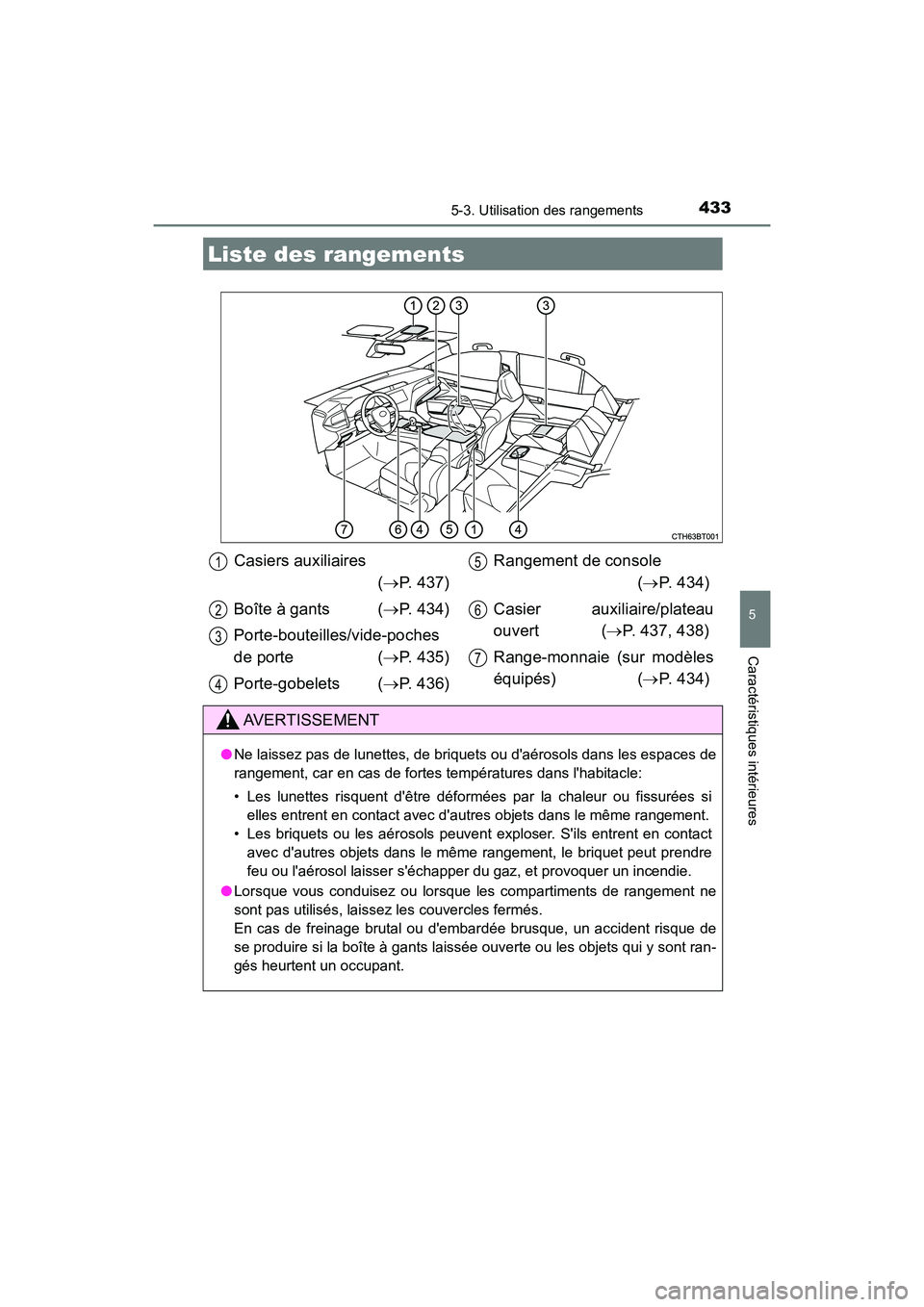 TOYOTA CAMRY 2018  Manuel du propriétaire (in French) 433
5
Caractéristiques intérieures
CAMRY_D (OM33B95D)
5-3. Utilisation des rangements
Liste des rangements
Casiers auxiliaires 
( P. 437) 
Boîte à gants ( P. 434) 
Porte-bouteilles/vide-poch