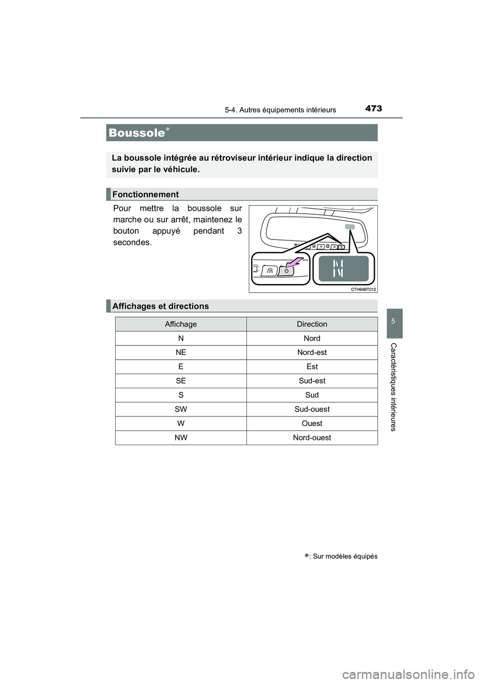 TOYOTA CAMRY 2018  Manuel du propriétaire (in French) 4735-4. Autres équipements intérieurs
5
Caractéristiques intérieures
CAMRY_D (OM33B95D)
Pour mettre la boussole sur 
marche ou sur arrêt, maintenez le 
bouton appuyé pendant 3 
secondes.
Boussol