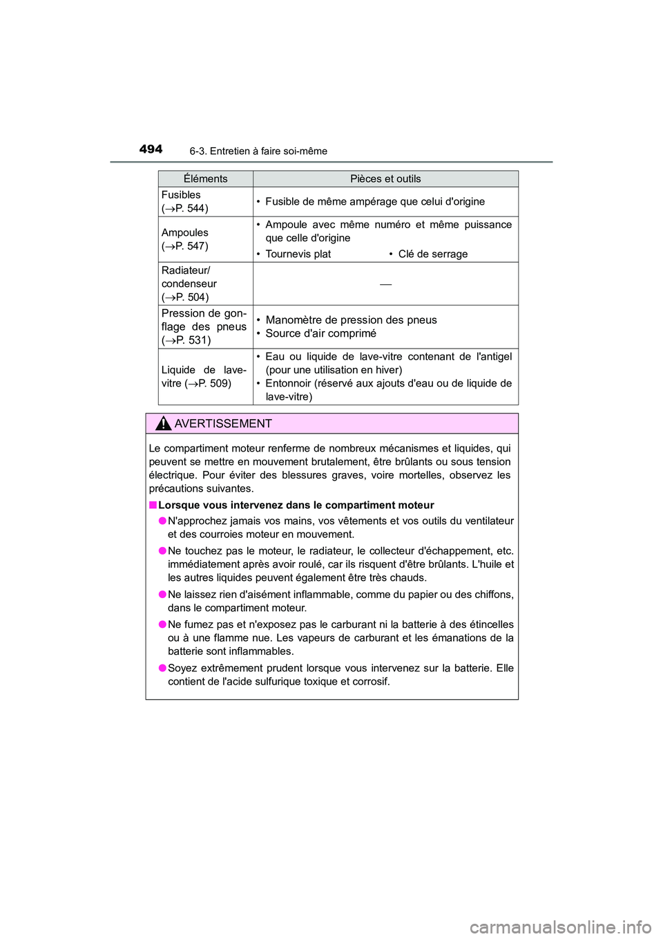 TOYOTA CAMRY 2018  Manuel du propriétaire (in French) 4946-3. Entretien à faire soi-même
CAMRY_D (OM33B95D)
Fusibles  
( P. 544)• Fusible de même ampérage que celui dorigine
Ampoules  
( P. 547)
• Ampoule avec même numéro et même puissa