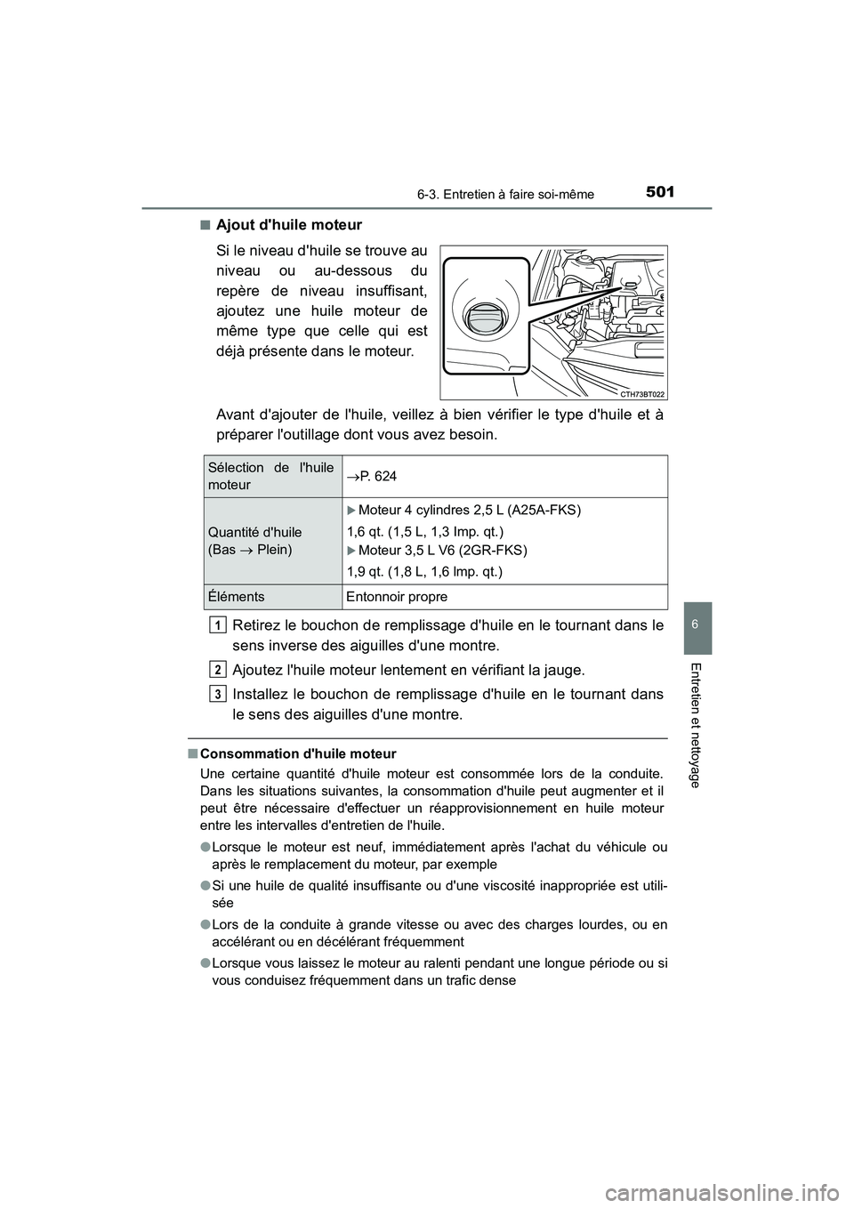 TOYOTA CAMRY 2018  Manuel du propriétaire (in French) 5016-3. Entretien à faire soi-même
6
Entretien et nettoyage
CAMRY_D (OM33B95D) 
■Ajout dhuile moteur 
Si le niveau dhuile se trouve au 
niveau ou au-dessous du
repère de niveau insuffisant, 
aj