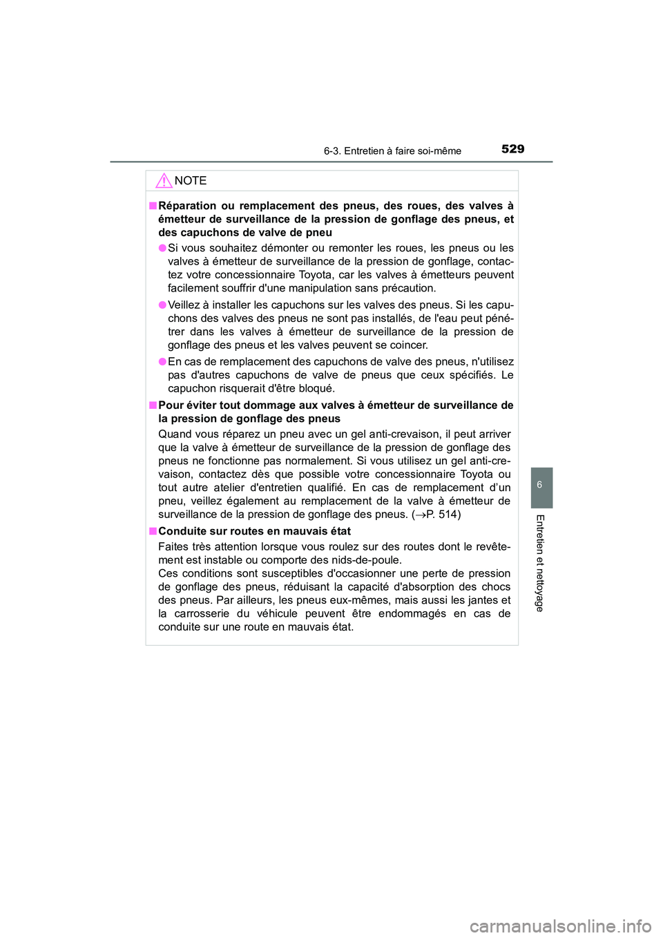 TOYOTA CAMRY 2018  Manuel du propriétaire (in French) 5296-3. Entretien à faire soi-même
6
Entretien et nettoyage
CAMRY_D (OM33B95D)
NOTE
■Réparation ou remplacement des pneus, des roues, des valves à 
émetteur de surveillance de la pression de go