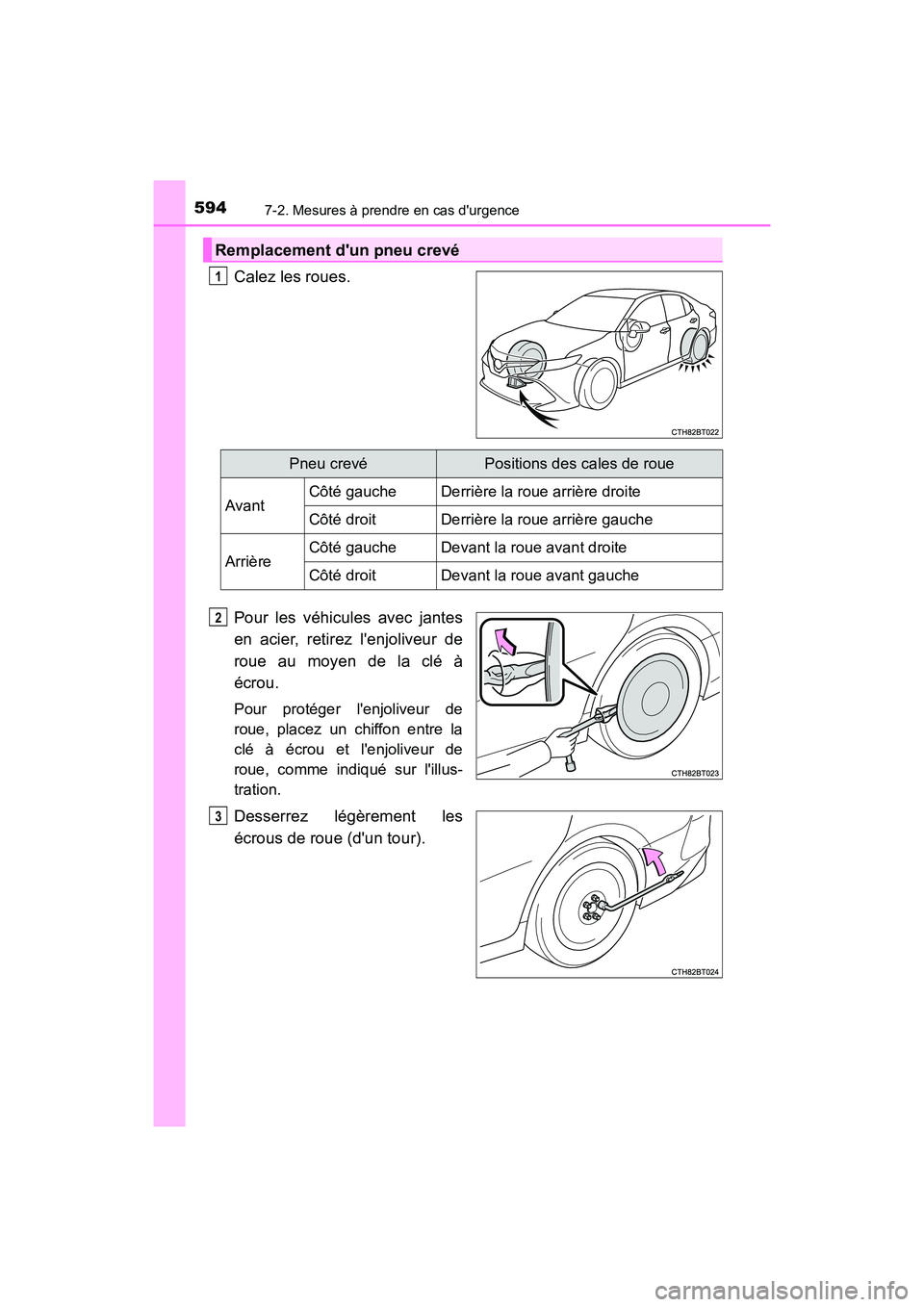 TOYOTA CAMRY 2018  Manuel du propriétaire (in French) 5947-2. Mesures à prendre en cas durgence
CAMRY_D (OM33B95D)
Calez les roues. 
Pour les véhicules avec jantes 
en acier, retirez lenjoliveur de 
roue au moyen de la clé à
écrou.
Pour protéger 