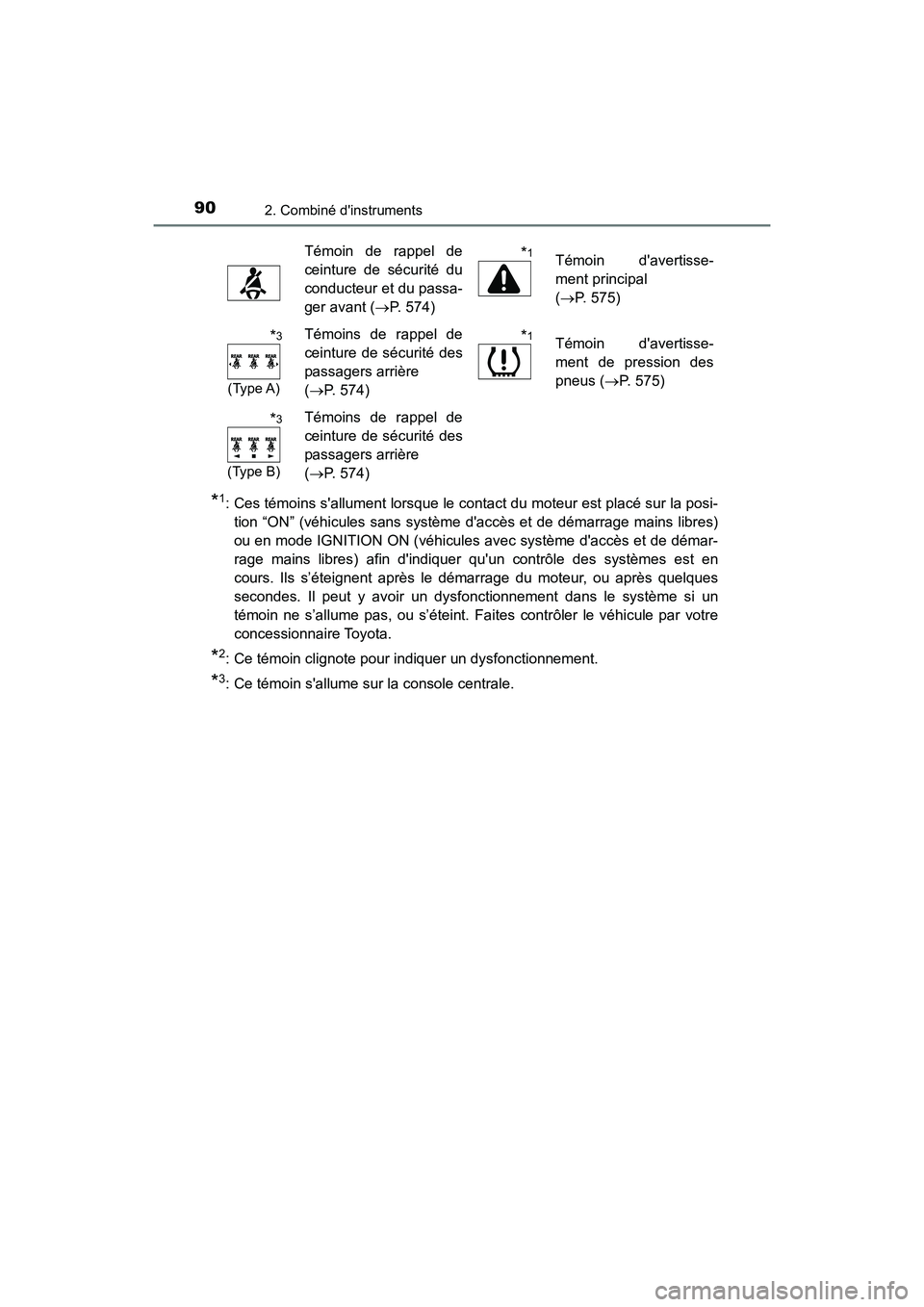 TOYOTA CAMRY 2018  Manuel du propriétaire (in French) 902. Combiné dinstruments
CAMRY_D (OM33B95D)
*1: Ces témoins sallument lorsque le contact du moteur est placé sur la posi- 
tion “ON” (véhicules sans système daccès et de démarrage mains