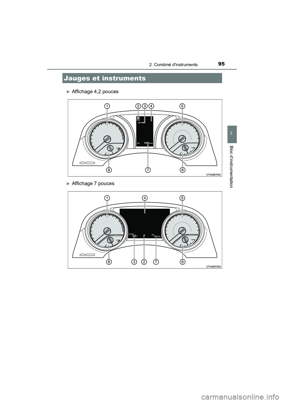 TOYOTA CAMRY 2018  Manuel du propriétaire (in French) 952. Combiné dinstruments
2
Bloc d’instrumentation
CAMRY_D (OM33B95D)
Affichage 4,2 pouces
Affichage 7 pouces
Jauges et instruments 