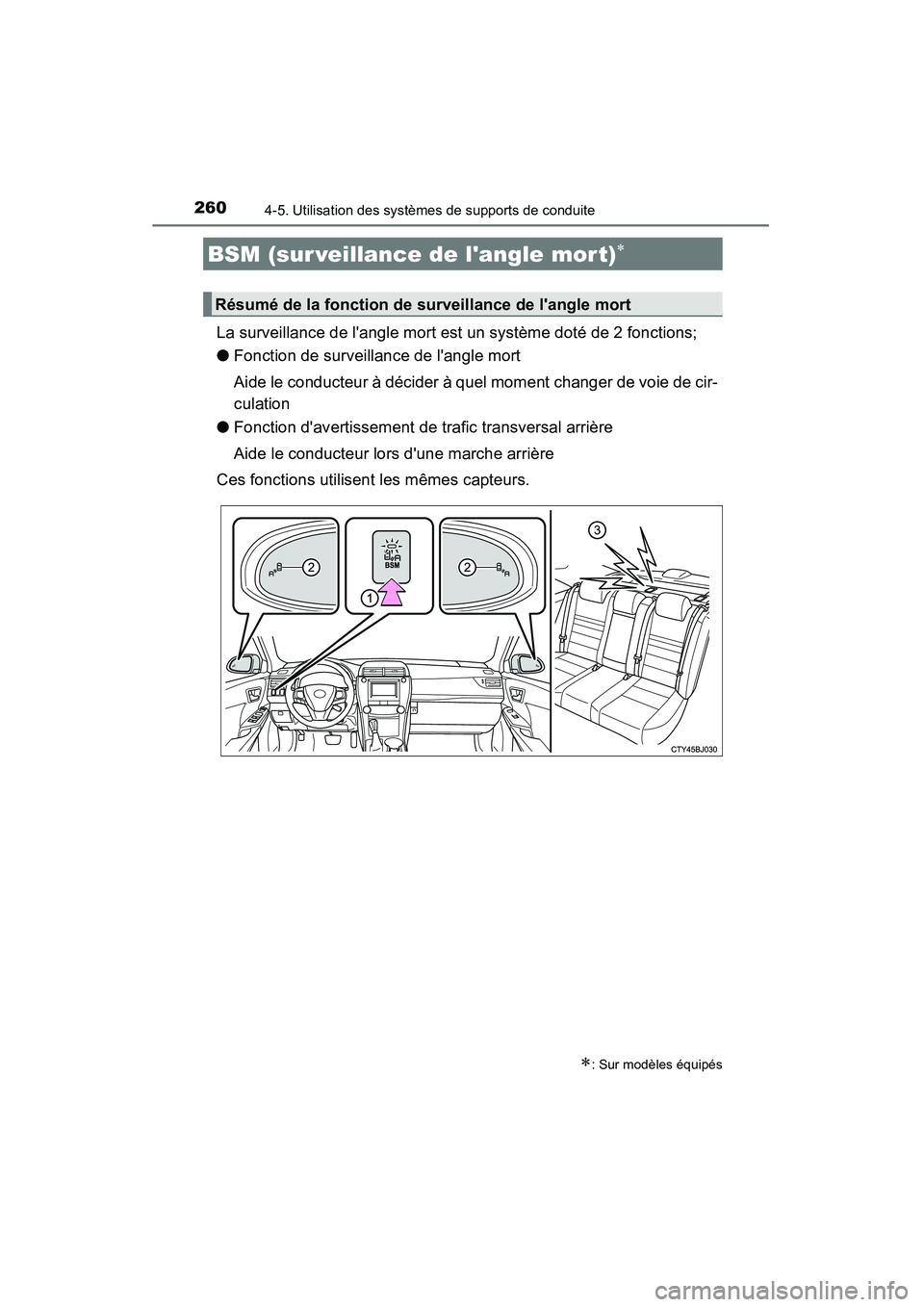 TOYOTA CAMRY 2015  Manuel du propriétaire (in French) 2604-5. Utilisation des systèmes de supports de conduite
CAMRY_D (OM33A86D)
La surveillance de langle mort est un système doté de 2 fonctions;
●Fonction de surveillance de langle mort
Aide le c