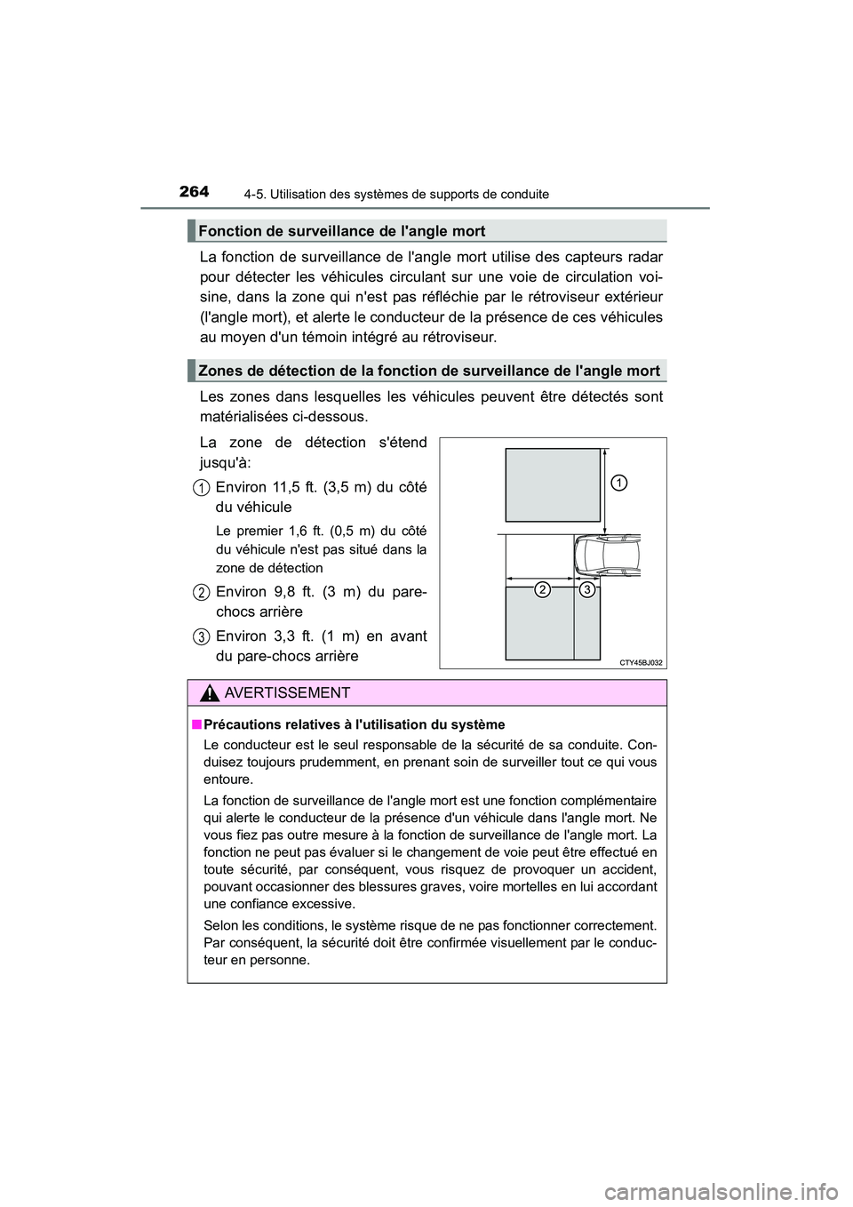 TOYOTA CAMRY 2015 Manuel du propriétaire (in French) 2644-5. Utilisation des systèmes de supports de conduite
CAMRY_D (OM33A86D)
La fonction de surveillance de langle mort utilise des capteurs radar
pour détecter les véhicules circulant sur une voie TOYOTA CAMRY 2015 Manuel du propriétaire (in French) 2644-5. Utilisation des systèmes de supports de conduite
CAMRY_D (OM33A86D)
La fonction de surveillance de langle mort utilise des capteurs radar
pour détecter les véhicules circulant sur une voie