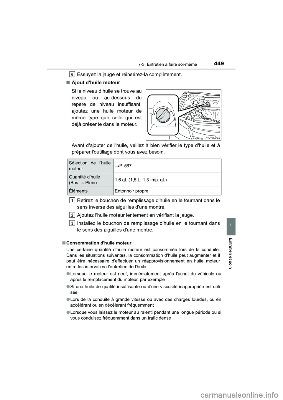 TOYOTA CAMRY 2015  Manuel du propriétaire (in French) 4497-3. Entretien à faire soi-même
7
Entretien et soin
CAMRY_D (OM33A86D)
Essuyez la jauge et réinsérez-la complètement.
■Ajout dhuile moteur
Si le niveau dhuile se trouve au
niveau ou au-des