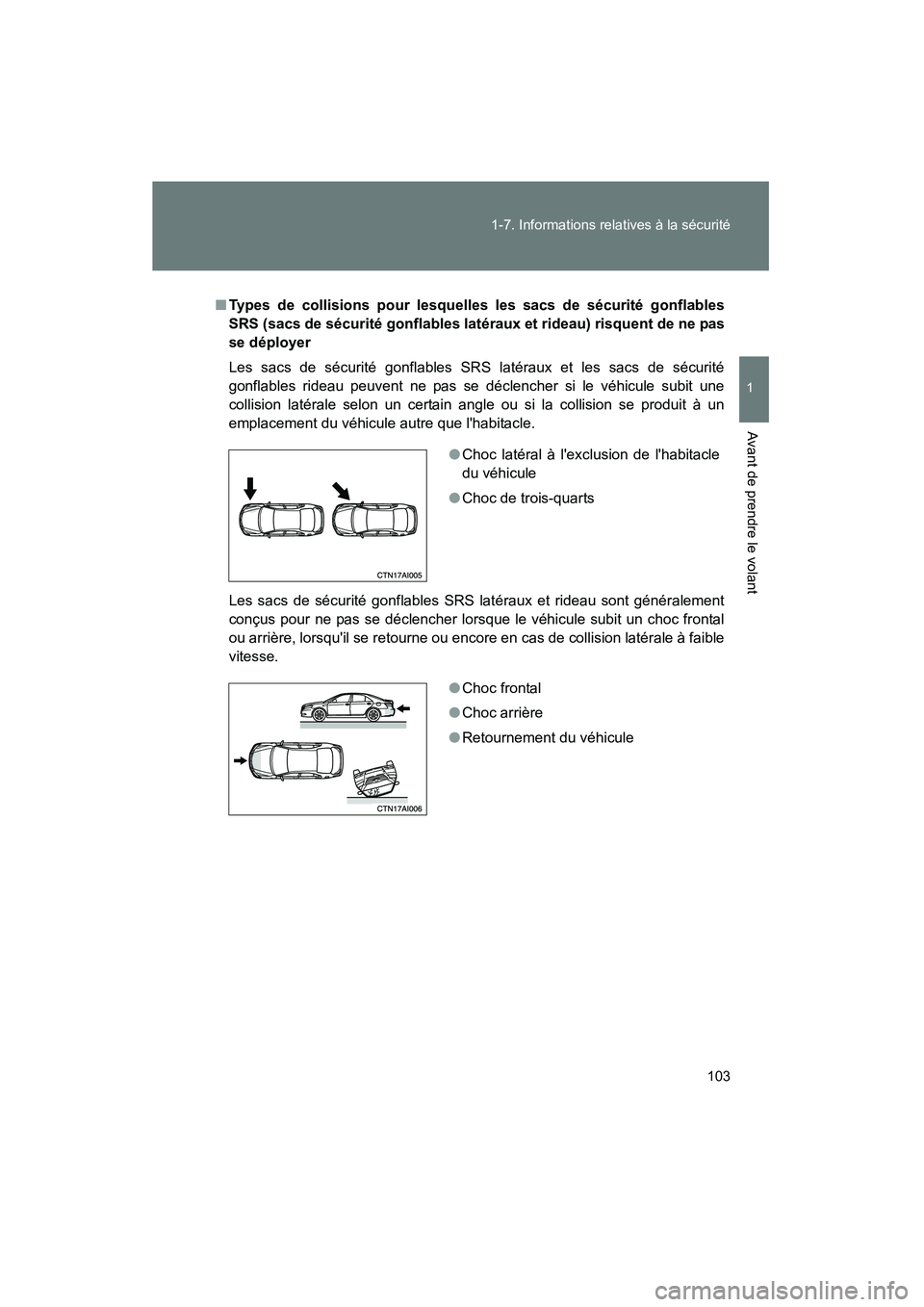 TOYOTA CAMRY 2008  Manuel du propriétaire (in French) 103
1-7. Informations relatives à la sécurité
1
Avant de prendre le volant
CAMRY_D_(L/O_0707)
■
Types de collisions pour lesquelles les sacs de sécurité gonflables
SRS (sacs de sécurité gonfl