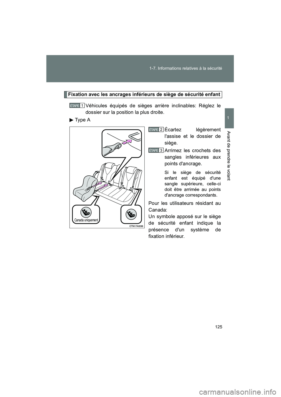 TOYOTA CAMRY 2008  Manuel du propriétaire (in French) 125
1-7. Informations relatives à la sécurité
1
Avant de prendre le volant
CAMRY_D_(L/O_0707)
Fixation avec les ancrages inférieurs de siège de sécurité enfant
Véhicules équipés de sièges a