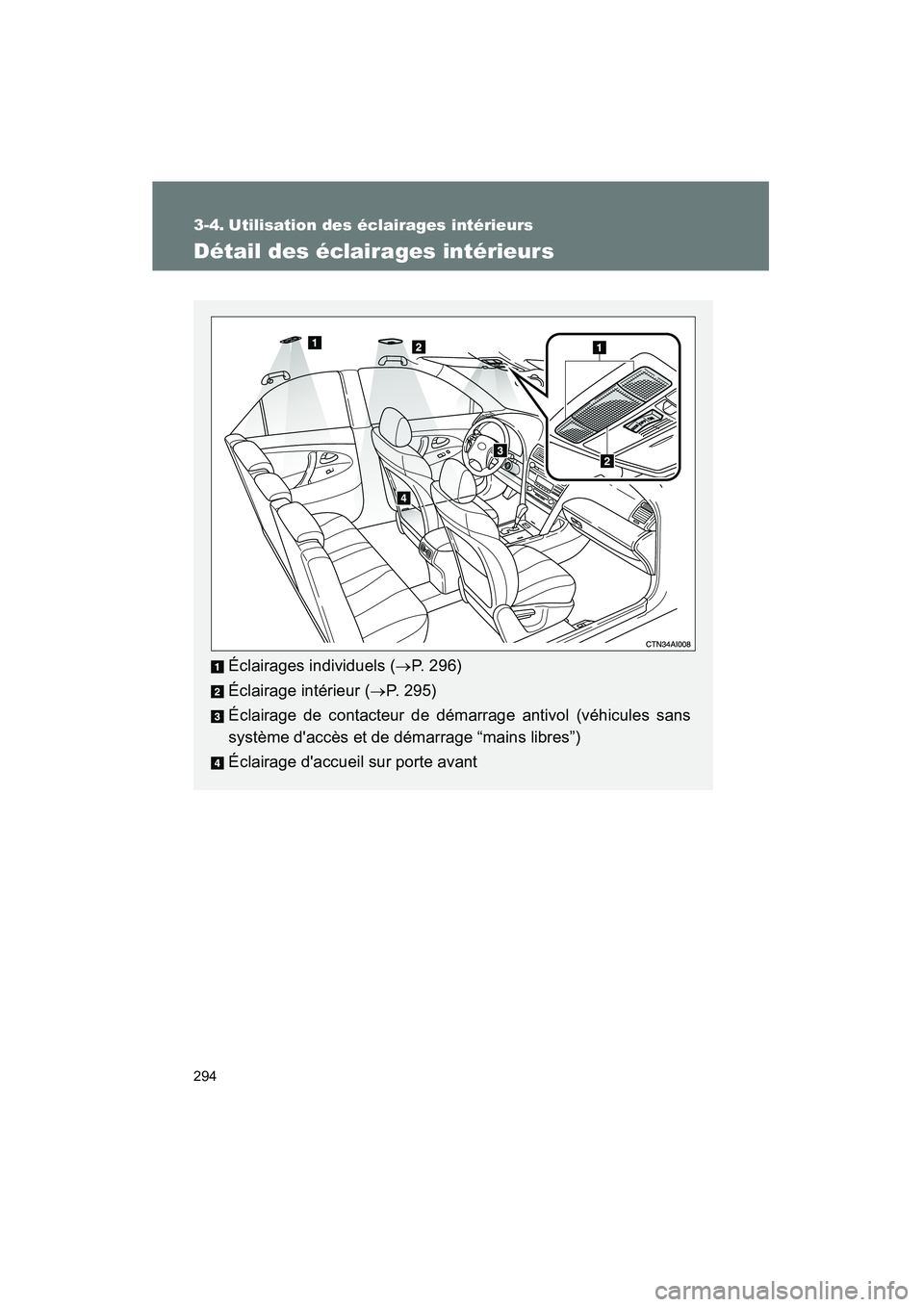TOYOTA CAMRY 2008  Manuel du propriétaire (in French) 294
CAMRY_D_(L/O_0707)
3-4. Utilisation des éclairages intérieurs
Détail des éclairages intérieurs
Éclairages individuels (→P. 296)
Éclairage intérieur ( →P. 295)
Éclairage de contacteur 
