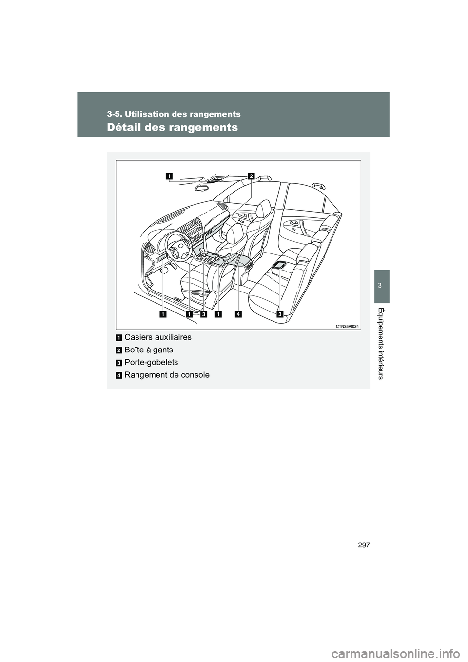 TOYOTA CAMRY 2008  Manuel du propriétaire (in French) 297
3
Équipements intérieurs
CAMRY_D_(L/O_0707)
3-5. Utilisation des rangements
Détail des rangements
Casiers auxiliaires
Boîte à gants
Porte-gobelets
Rangement de console 