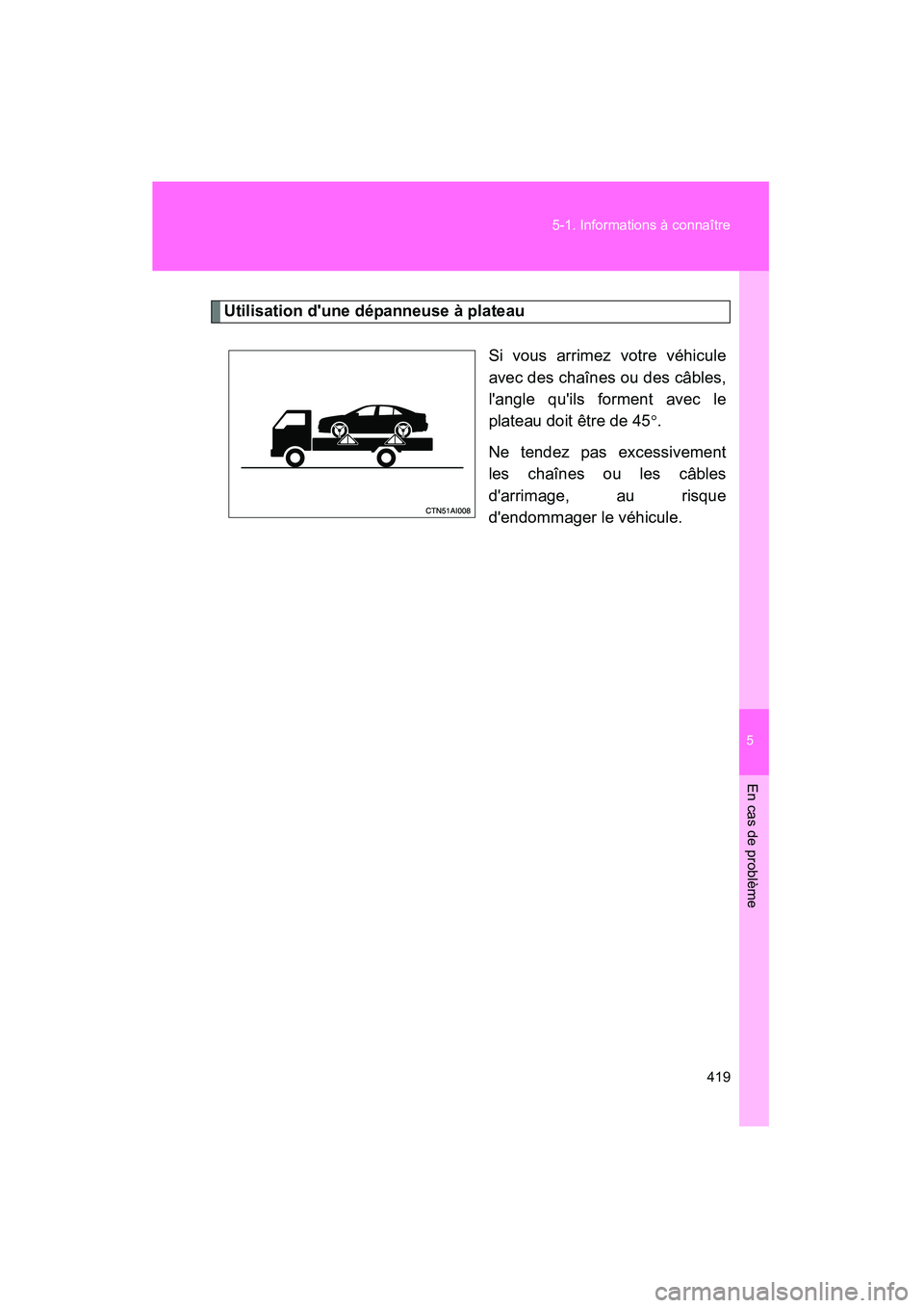 TOYOTA CAMRY 2008  Manuel du propriétaire (in French) 5
En cas de problème
419
5-1. Informations à connaître
CAMRY_D_(L/O_0707)
Utilisation dune dépanneuse à plateau
Si vous arrimez votre véhicule
avec des chaînes ou des câbles,
langle quils f