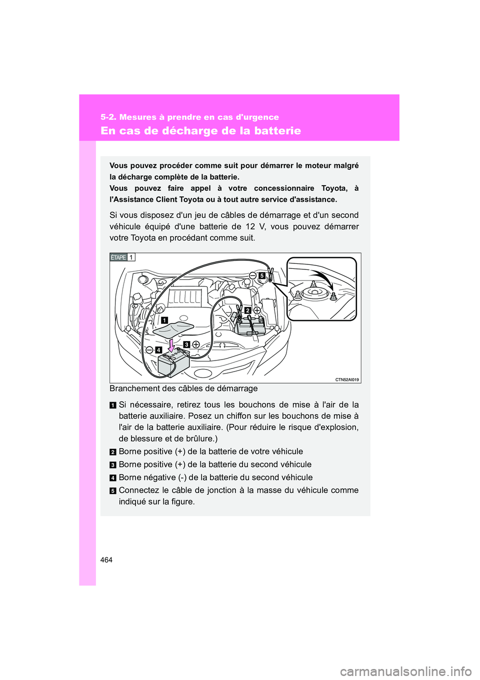 TOYOTA CAMRY 2008 Manuel du propriétaire (in French) 464
5-2. Mesures à prendre en cas durgence
CAMRY_D_(L/O_0707)
En cas de décharge de la batterie
Vous pouvez procéder comme suit pour démarrer le moteur malgré
la décharge complète de la batter TOYOTA CAMRY 2008 Manuel du propriétaire (in French) 464
5-2. Mesures à prendre en cas durgence
CAMRY_D_(L/O_0707)
En cas de décharge de la batterie
Vous pouvez procéder comme suit pour démarrer le moteur malgré
la décharge complète de la batter