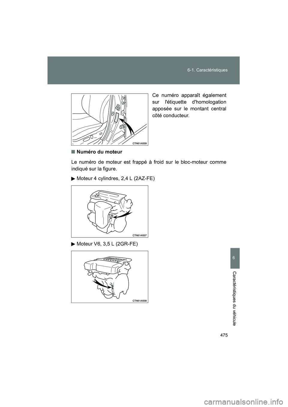 TOYOTA CAMRY 2008  Manuel du propriétaire (in French) 475
6-1. Caractéristiques
6
Caractéristiques du véhicule
CAMRY_D_(L/O_0707)
Ce numéro apparaît également
sur létiquette dhomologation
apposée sur le montant central
côté conducteur.
■Num